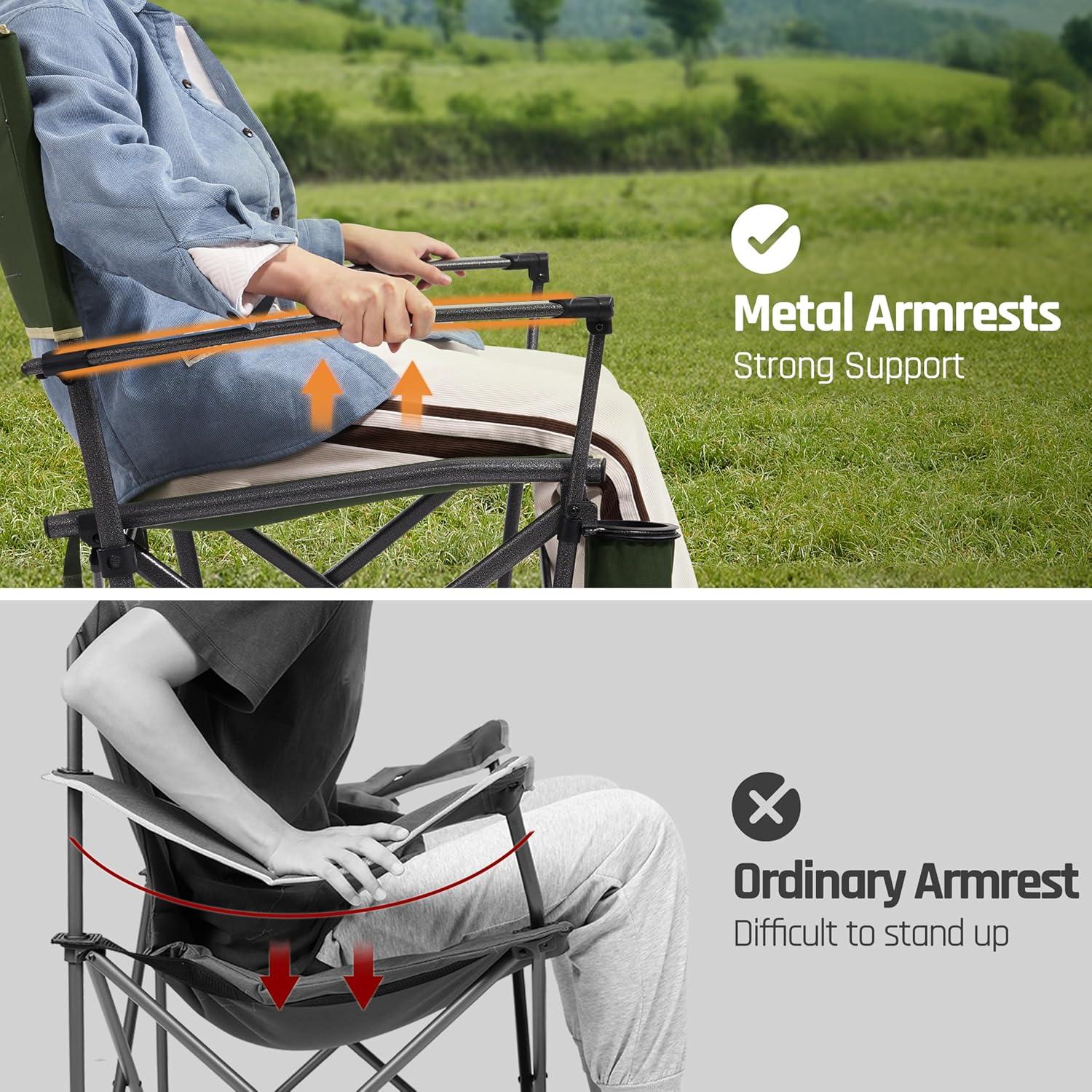 2PCS Oversized Folding Camping Chairs for Adults Heavy Duty Camp Chair Support 400 LBS Steel Frame Metal Arm Lawn Chairs with Swivel Cup Holder, Extra Large Outdoor Chairs Green