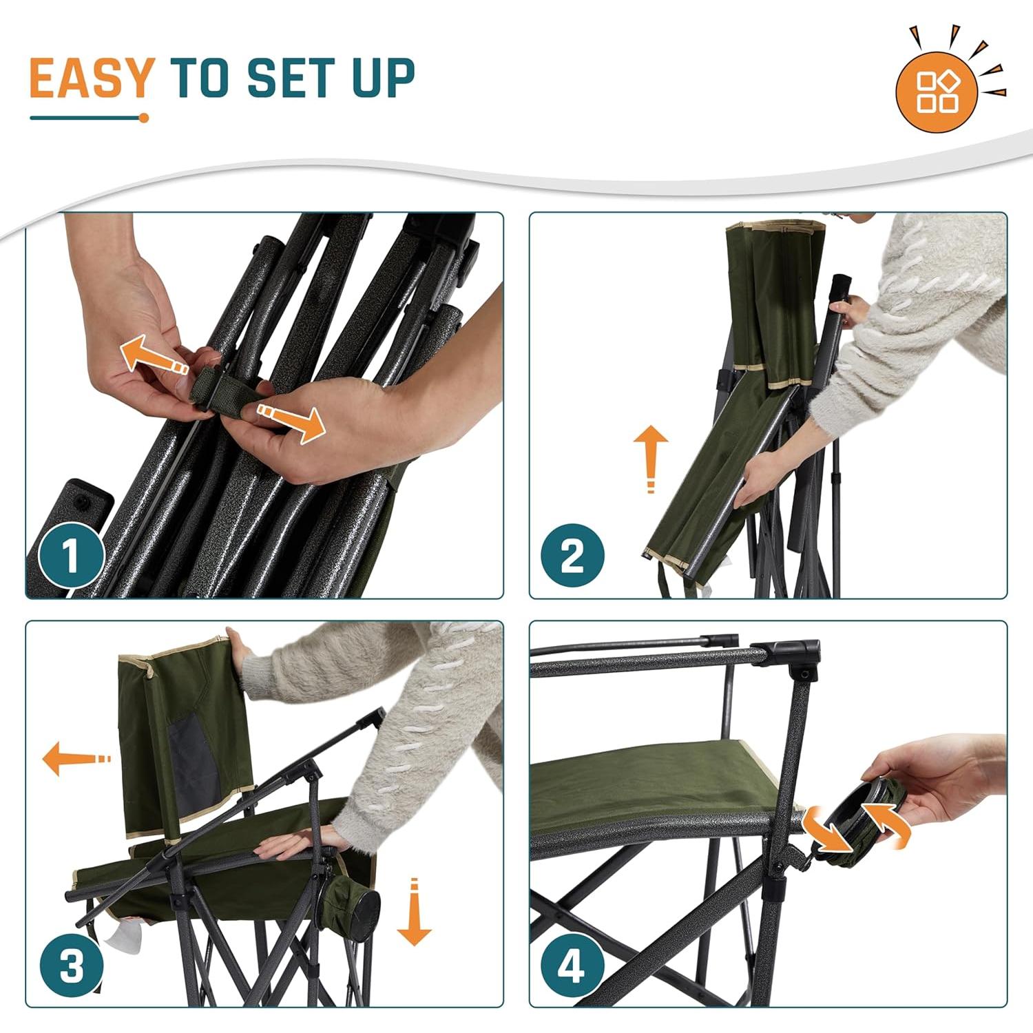 2PCS Oversized Folding Camping Chairs for Adults Heavy Duty Camp Chair Support 400 LBS Steel Frame Metal Arm Lawn Chairs with Swivel Cup Holder, Extra Large Outdoor Chairs Green