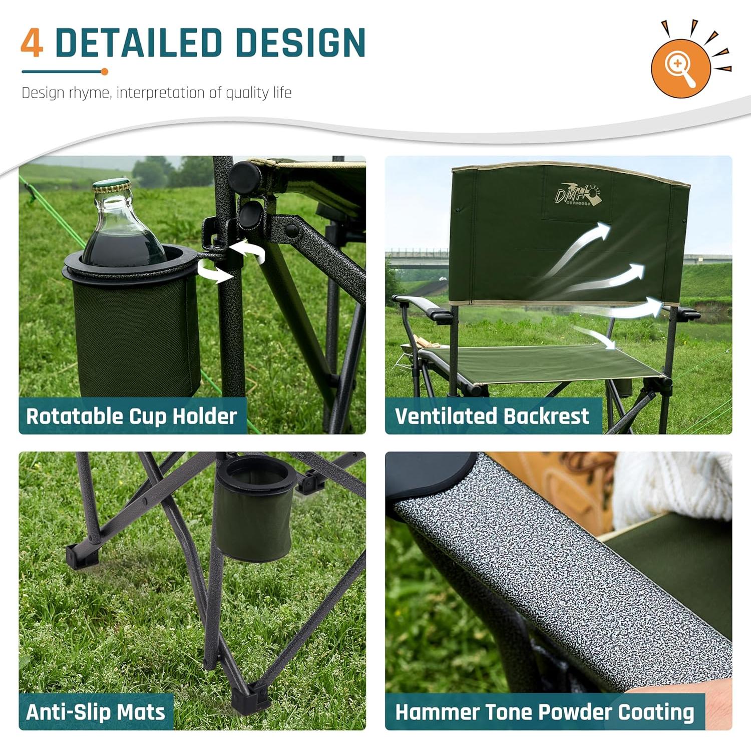 2PCS Oversized Folding Camping Chairs for Adults Heavy Duty Camp Chair Support 400 LBS Steel Frame Metal Arm Lawn Chairs with Swivel Cup Holder, Extra Large Outdoor Chairs Green