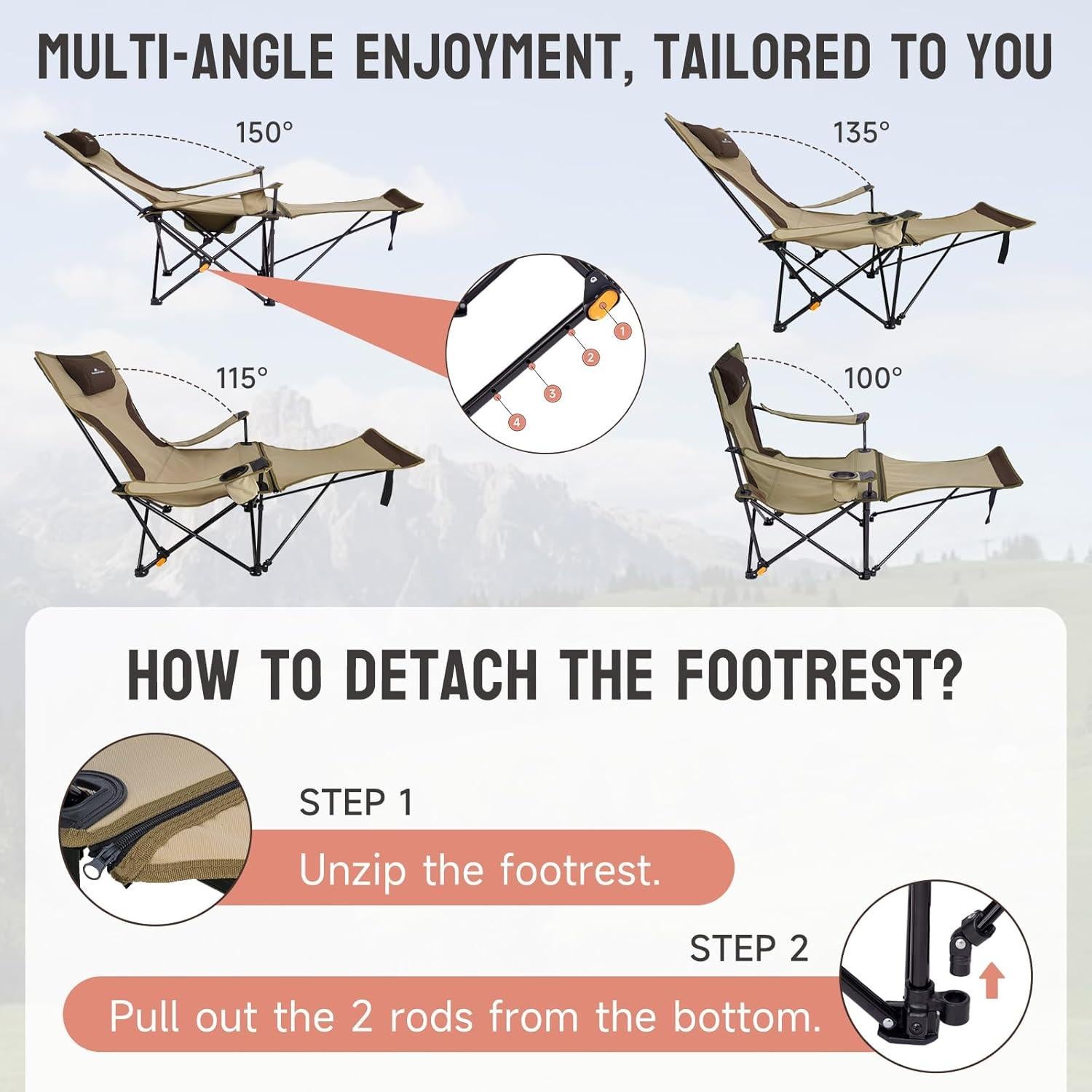 Silla de Camping QAOYAL Reclinable con Reposapiés y Cojín