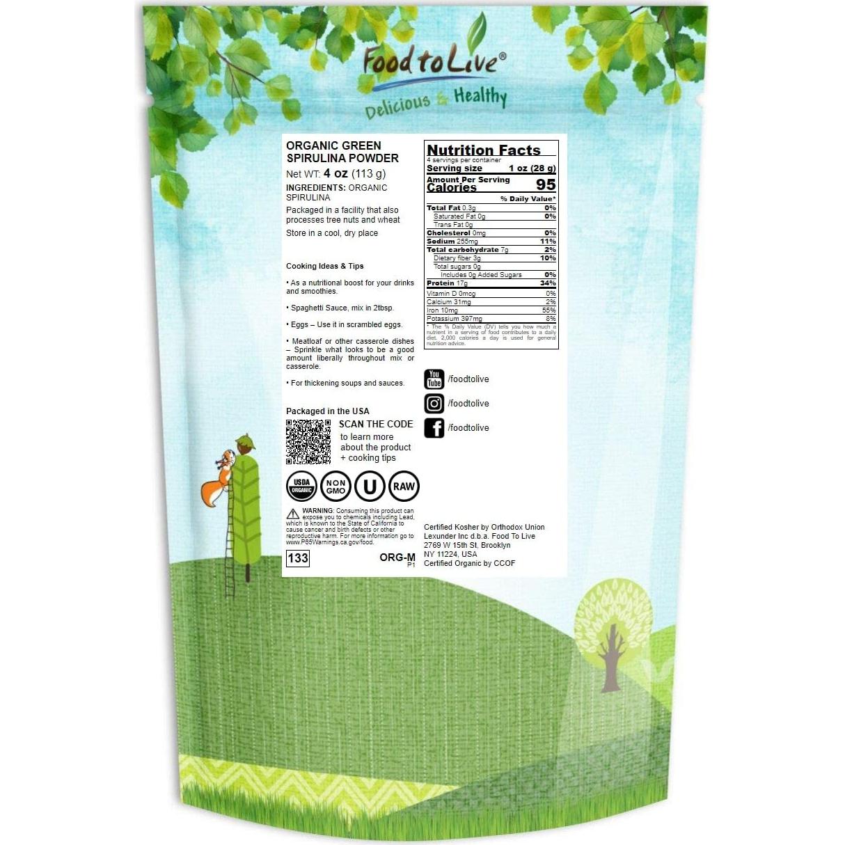 Polvo de Espirulina Orgánica Food to Live 113g - Superalimento Vegano