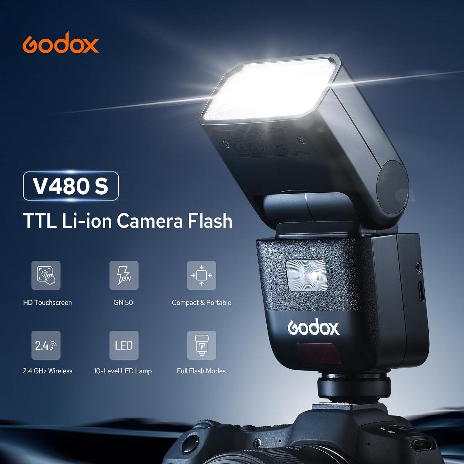 Flash Godox V480-S para Sony, GN50, Carga USB-C, 1.7s