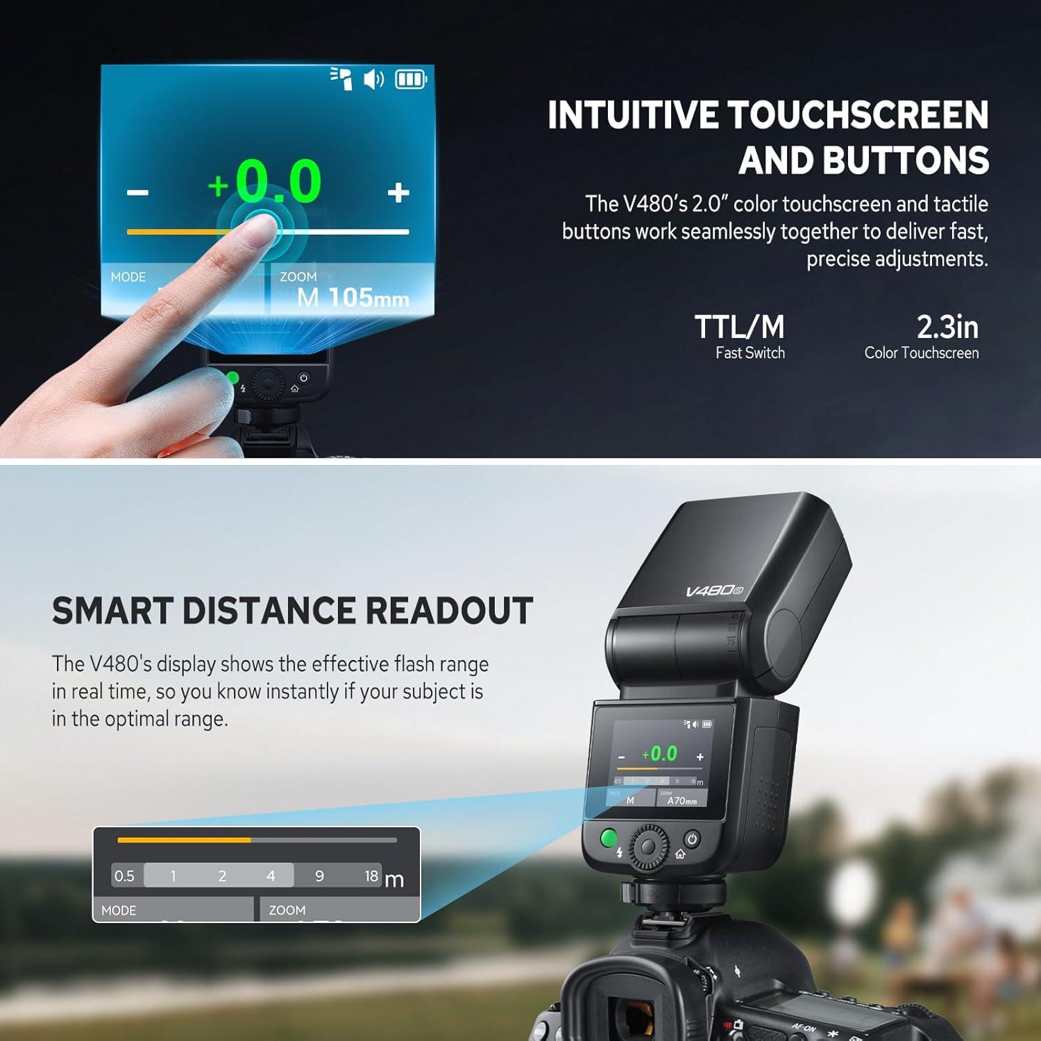 Flash Godox V480-S para Sony, GN50, Carga USB-C, 1.7s