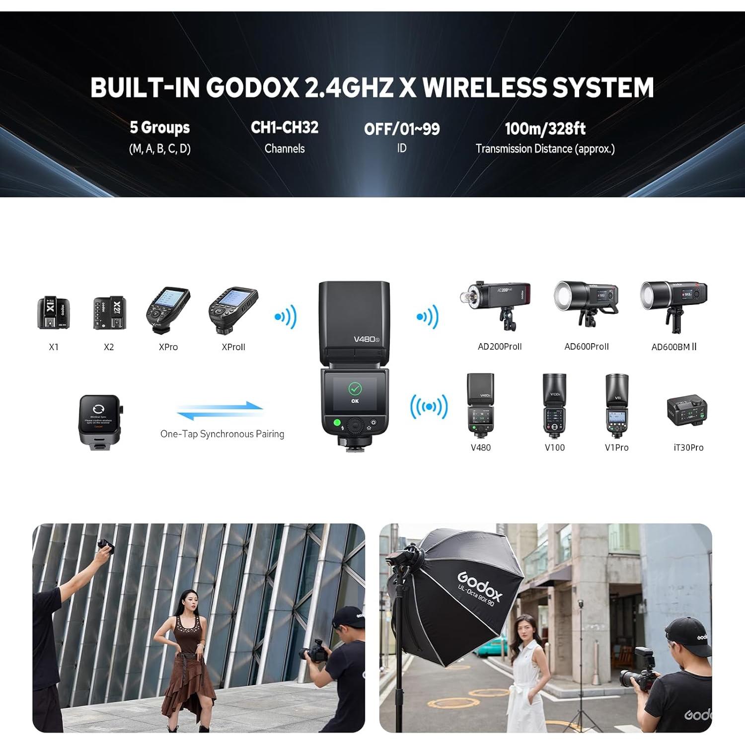 Flash Godox V480-S para Sony, GN50, Carga USB-C, 1.7s