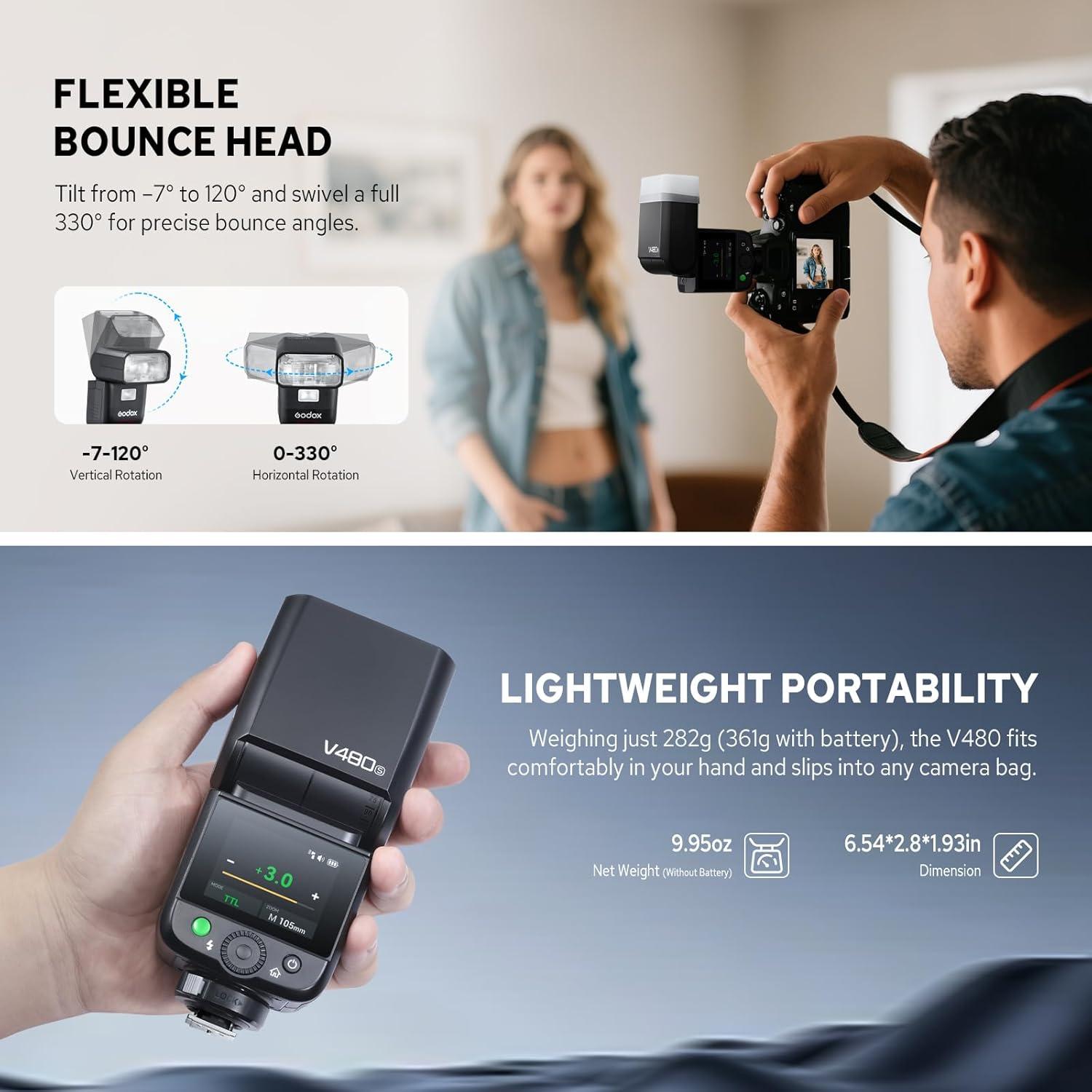 Flash Godox V480-S para Sony, GN50, Carga USB-C, 1.7s