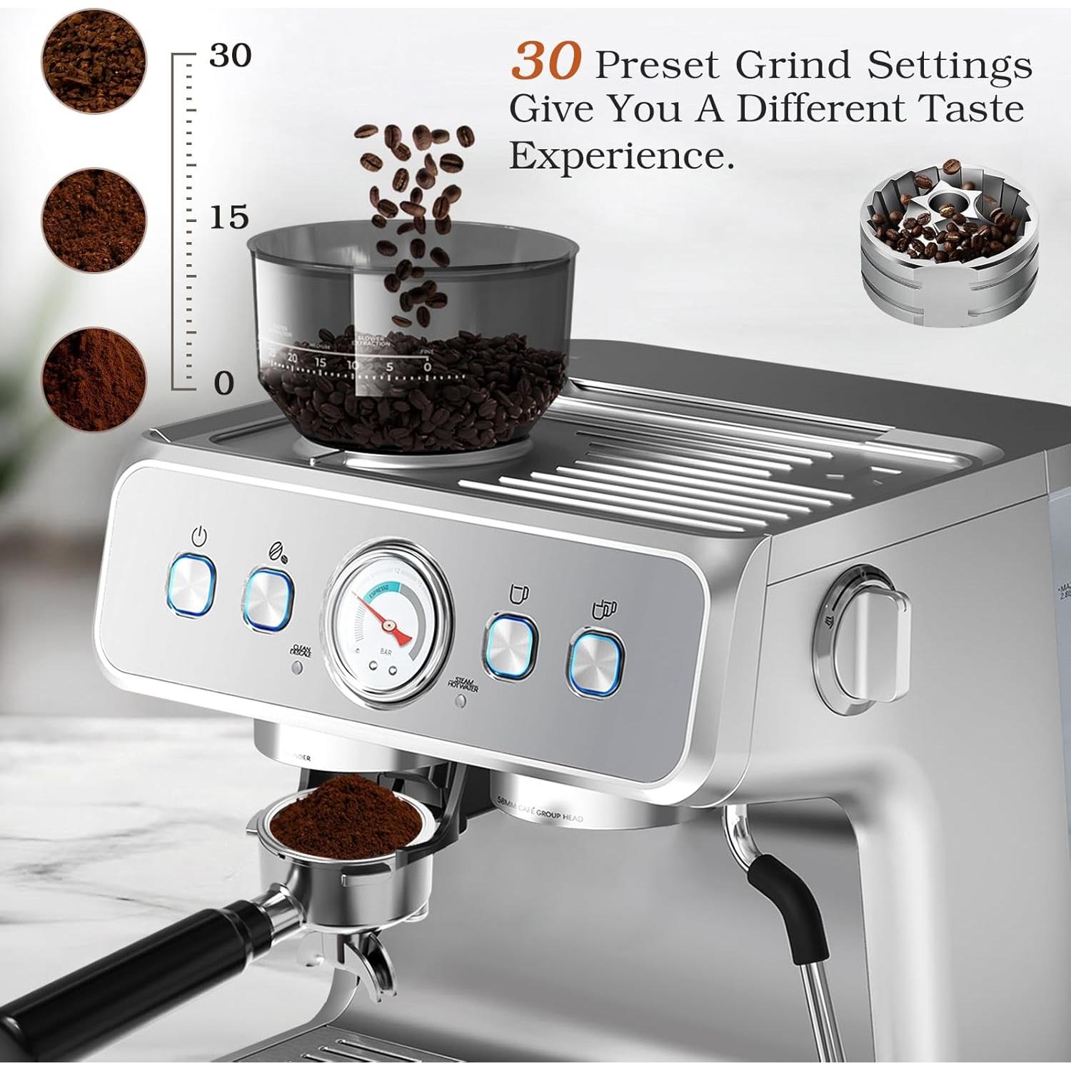 Espresso Machine, 20 Bar Semi-Automatic Espresso Machine with Grinder & Milk Frother Steam Wand, 1450W Home Cappuccino Latte Machine with Removable 95 Oz Water Tank, Stainless Steel