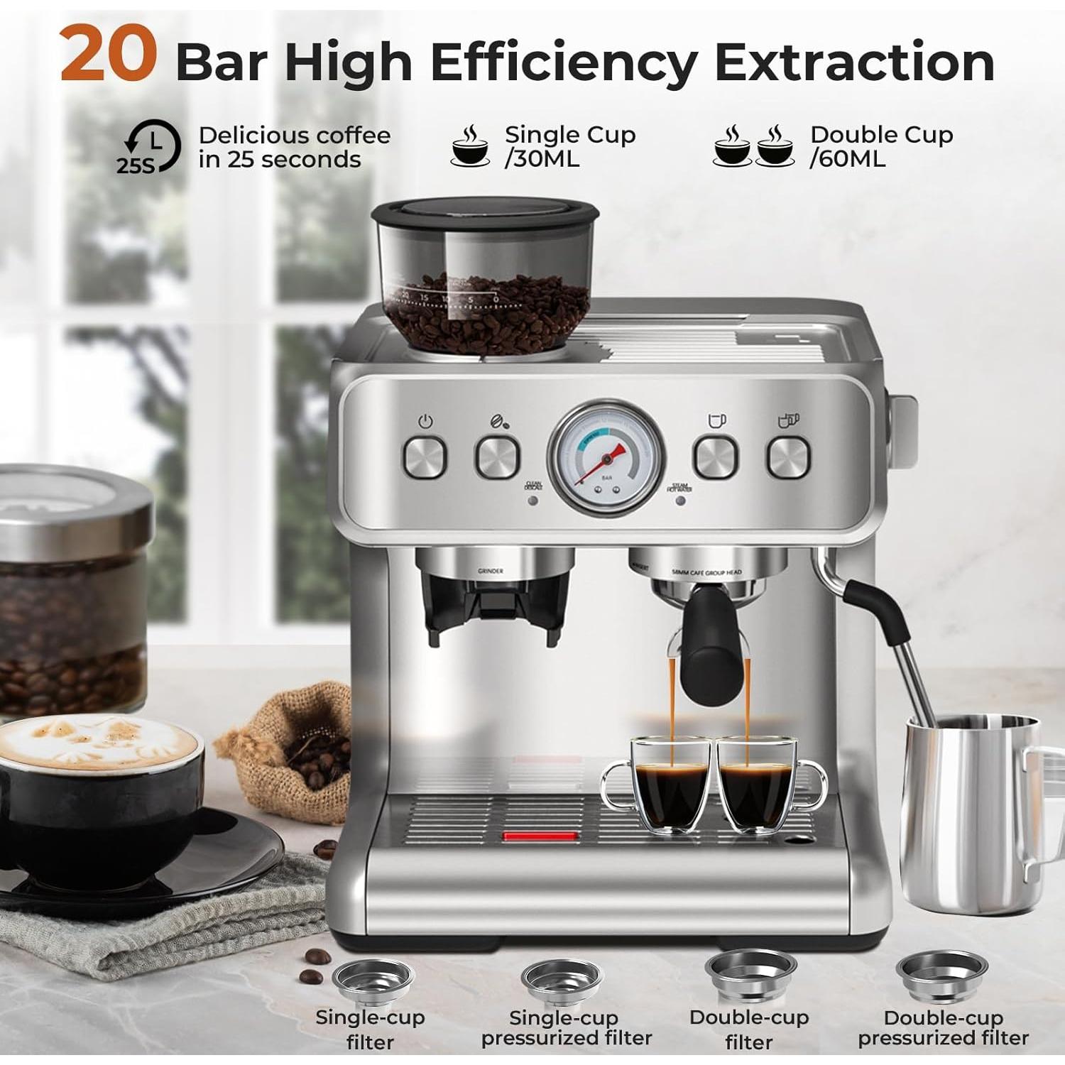 Espresso Machine, 20 Bar Semi-Automatic Espresso Machine with Grinder & Milk Frother Steam Wand, 1450W Home Cappuccino Latte Machine with Removable 95 Oz Water Tank, Stainless Steel
