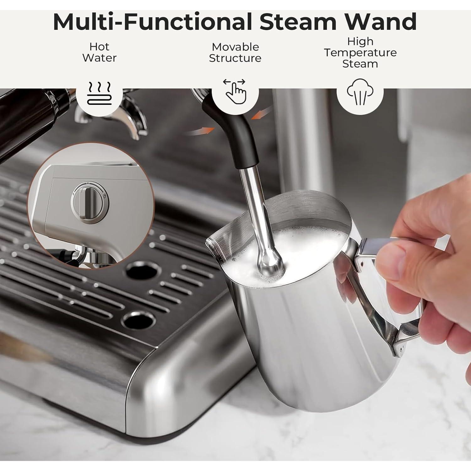 Espresso Machine, 20 Bar Semi-Automatic Espresso Machine with Grinder & Milk Frother Steam Wand, 1450W Home Cappuccino Latte Machine with Removable 95 Oz Water Tank, Stainless Steel