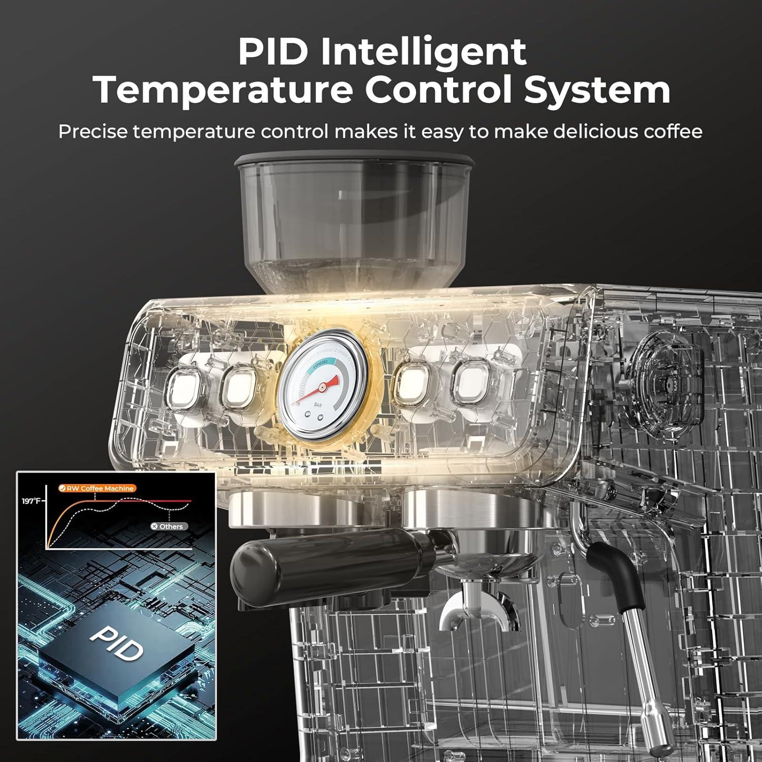 Espresso Machine, 20 Bar Semi-Automatic Espresso Machine with Grinder & Milk Frother Steam Wand, 1450W Home Cappuccino Latte Machine with Removable 95 Oz Water Tank, Stainless Steel