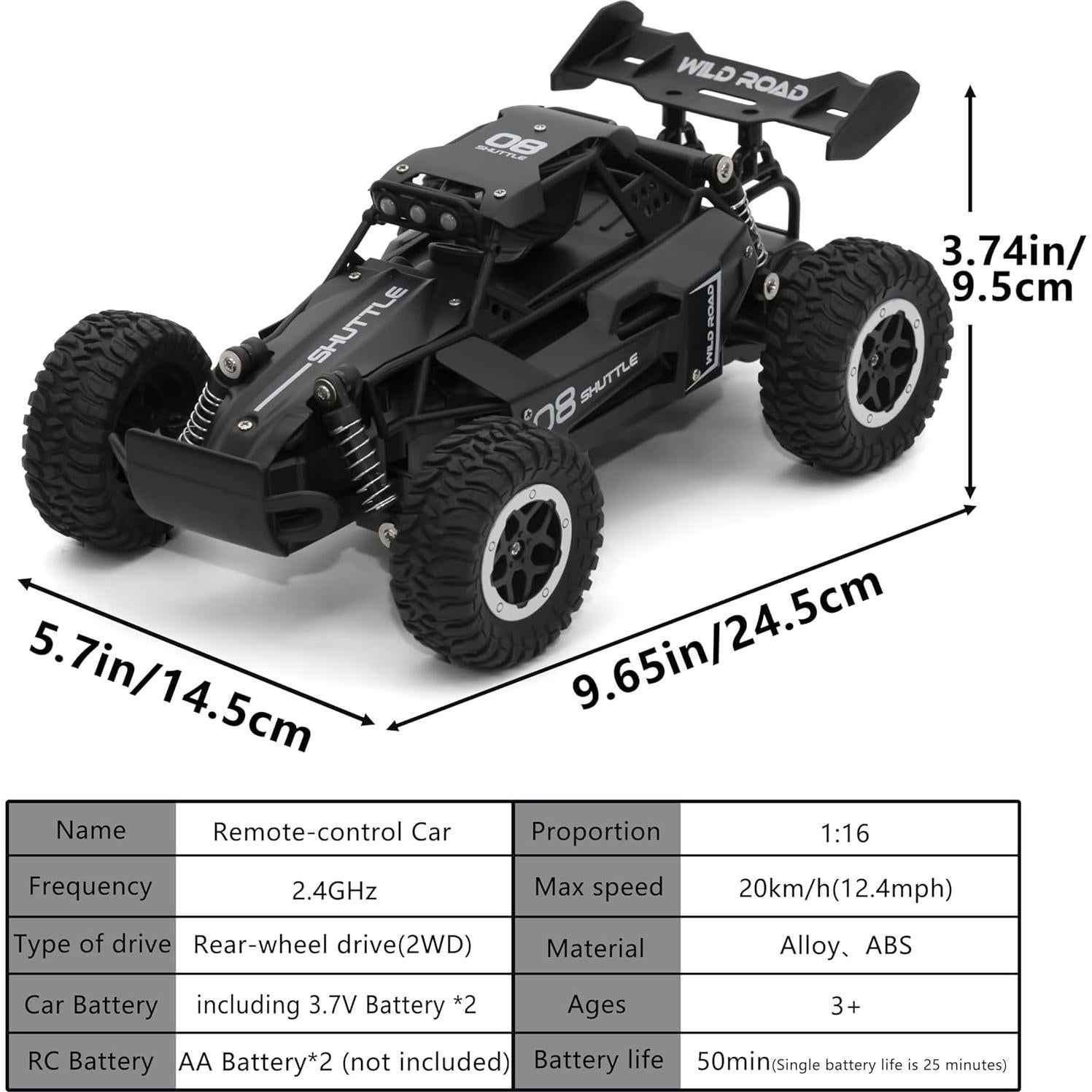Coche RC Monstruo 1:16 Great-JUNAMT Todo Terreno LED Negro