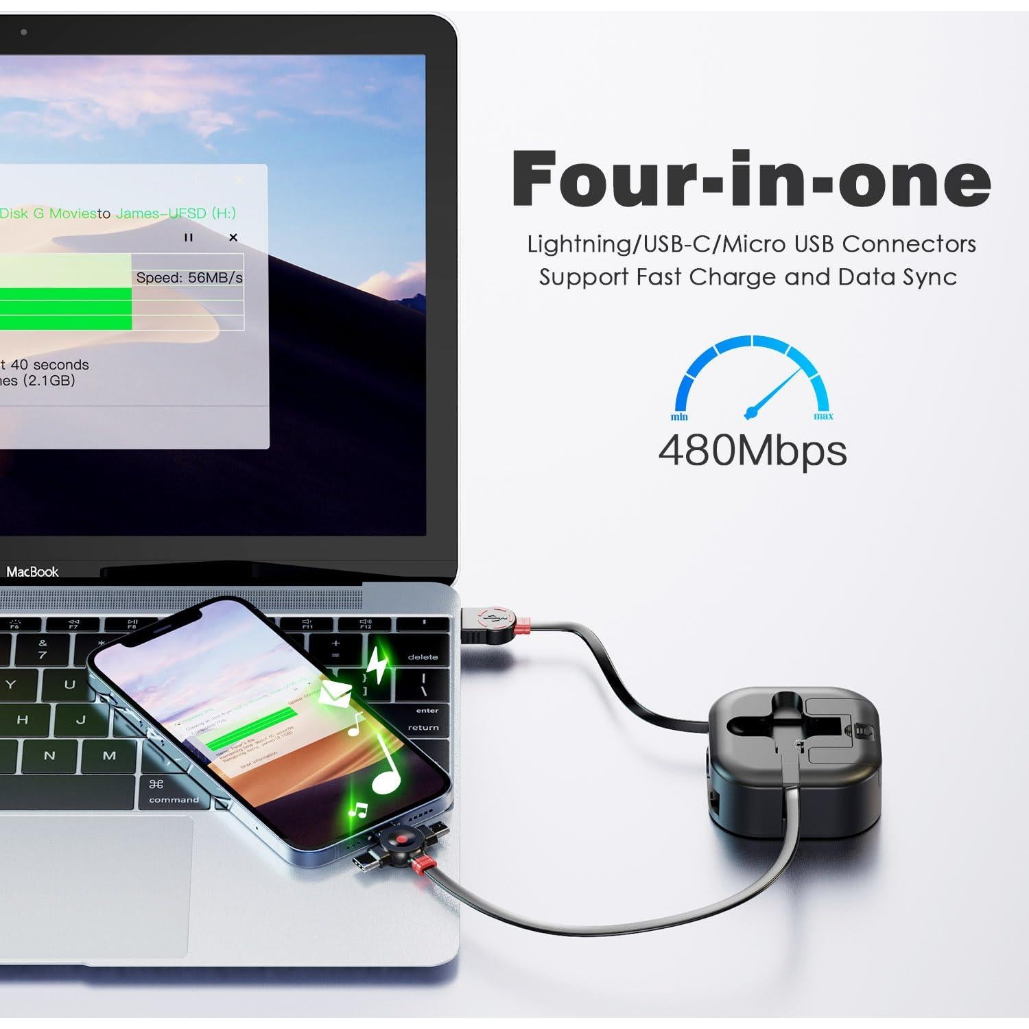 Multi Charging Cable 4.5A, 4Ft/2Pack Multi Chargers for All Devices 3 in 1 Retractable Car Cable Fast Charging USB C Cord with Type C/Micro USB Port for Samsung S24,iPhone 16 15,PS,Tablets & More