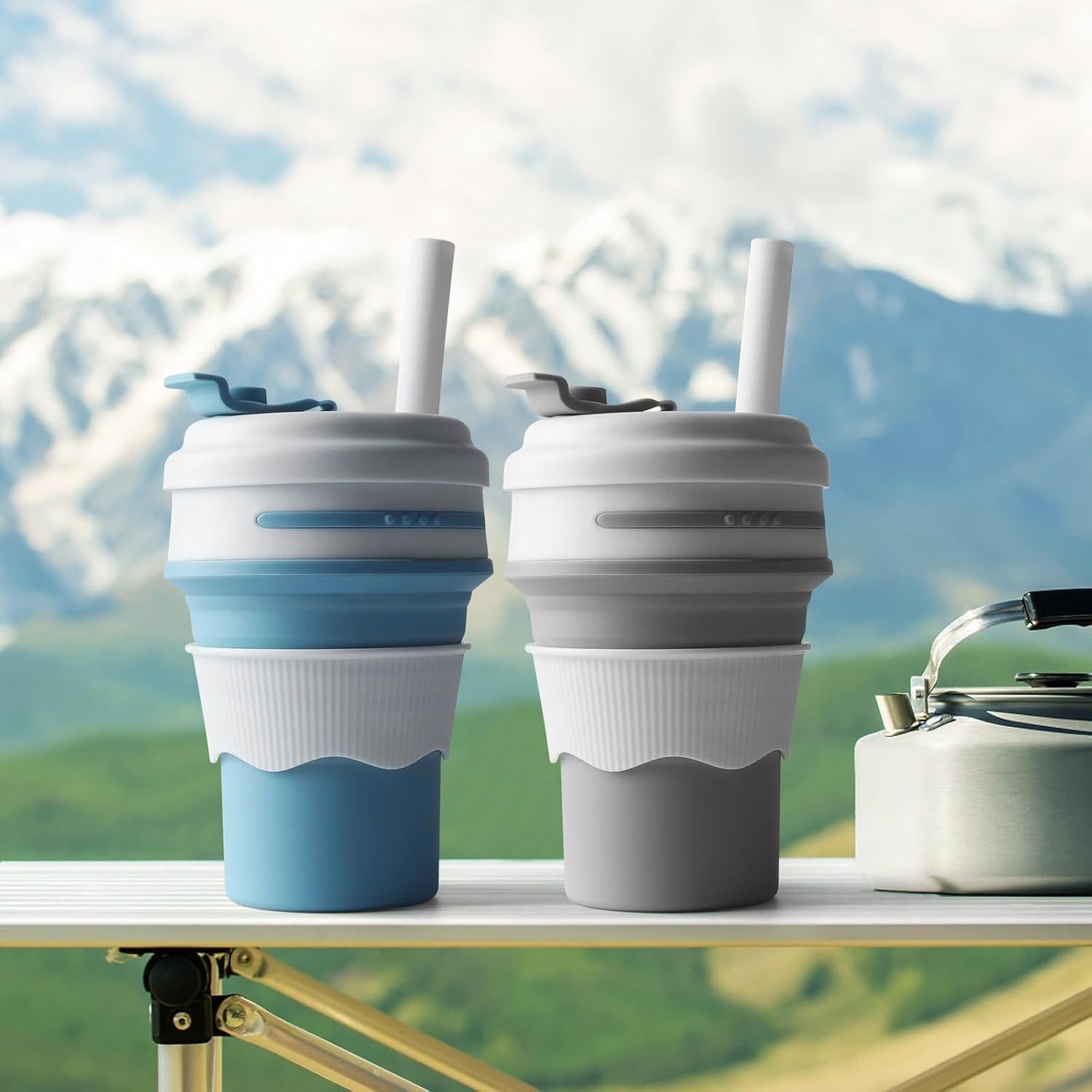 Tazas Plegables de Silicona CZJYWDG 350ml - 2 Pcs Azul y Gris