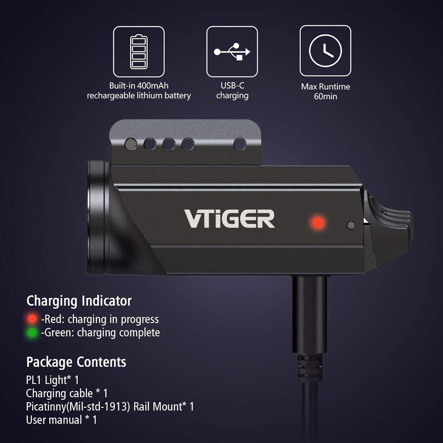 Linterna Táctica VTIGER PL1 Mini 1000 Lúmenes Recargable