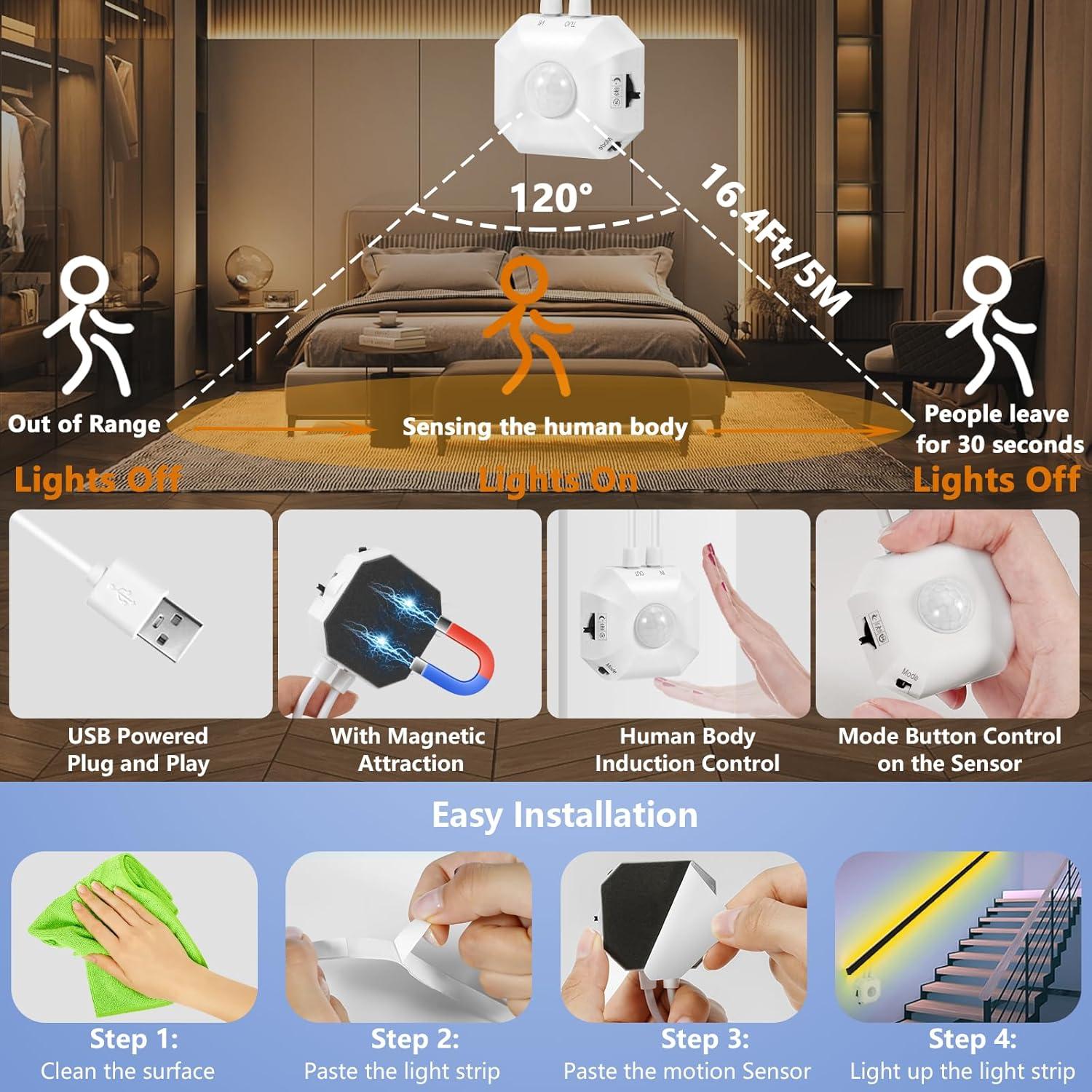 Luz LED de Sensor de Movimiento HOUHUI 5m Dimmable USB