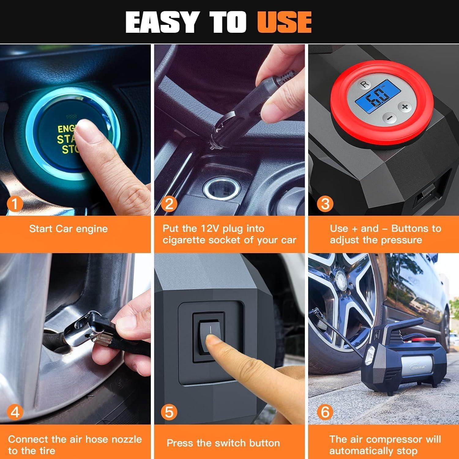 Compresor de Aire Portátil HAUSBELL 150 PSI 120W Negro