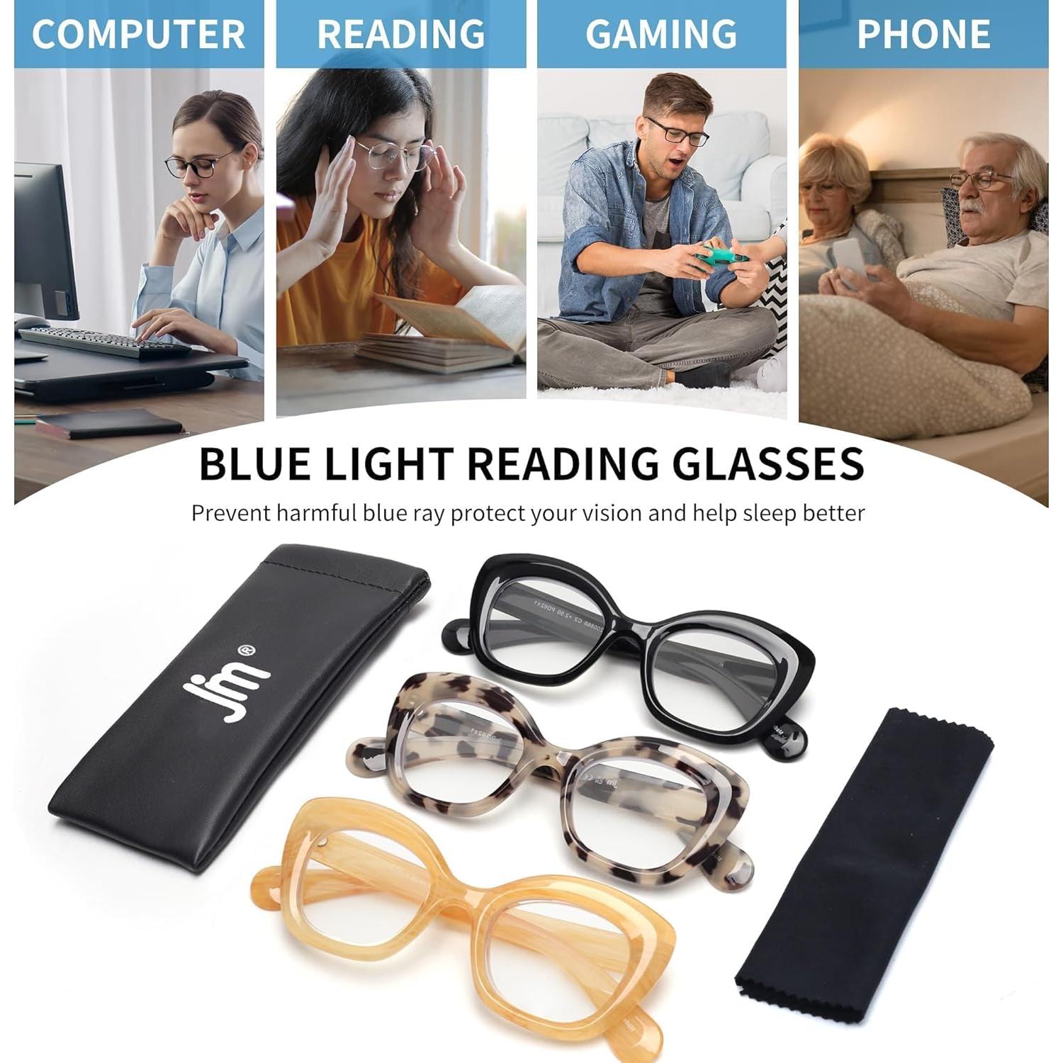 Gafas de lectura JM Cat-Eye para mujeres, 3 pares con bloqueo luz azul