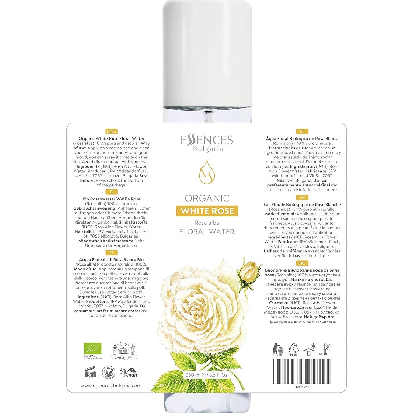 Agua Floral Orgánica Rosa Blanca 250ml Esencias Bulgaria