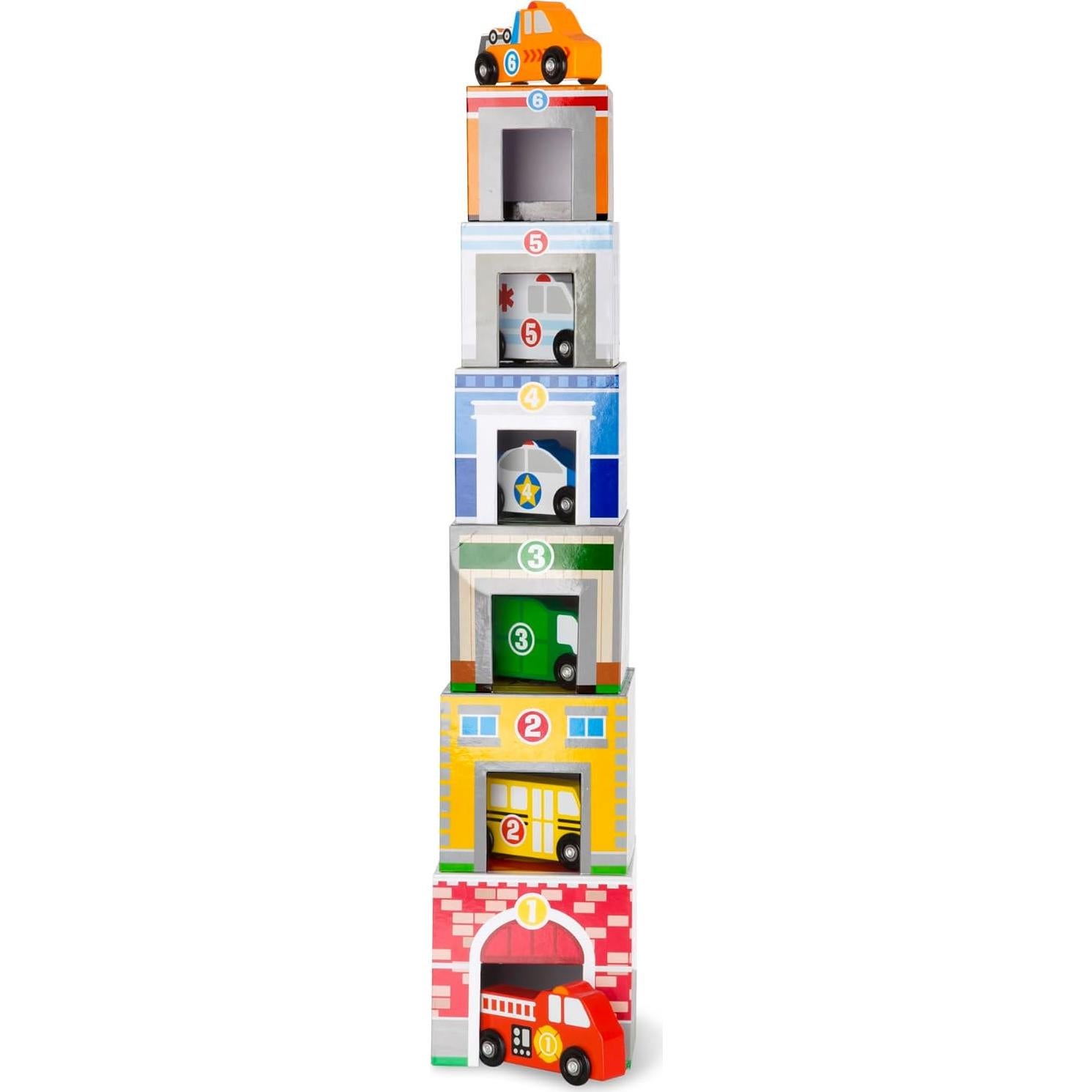 Bloques de Anidación y Clasificación Melissa & Doug - 6 Edificios y 6 Vehículos de Madera