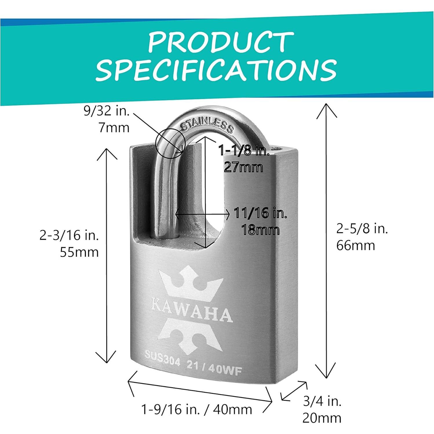 Candado de Alta Seguridad KAWAHA 40mm Acero Inoxidable 2 Piezas