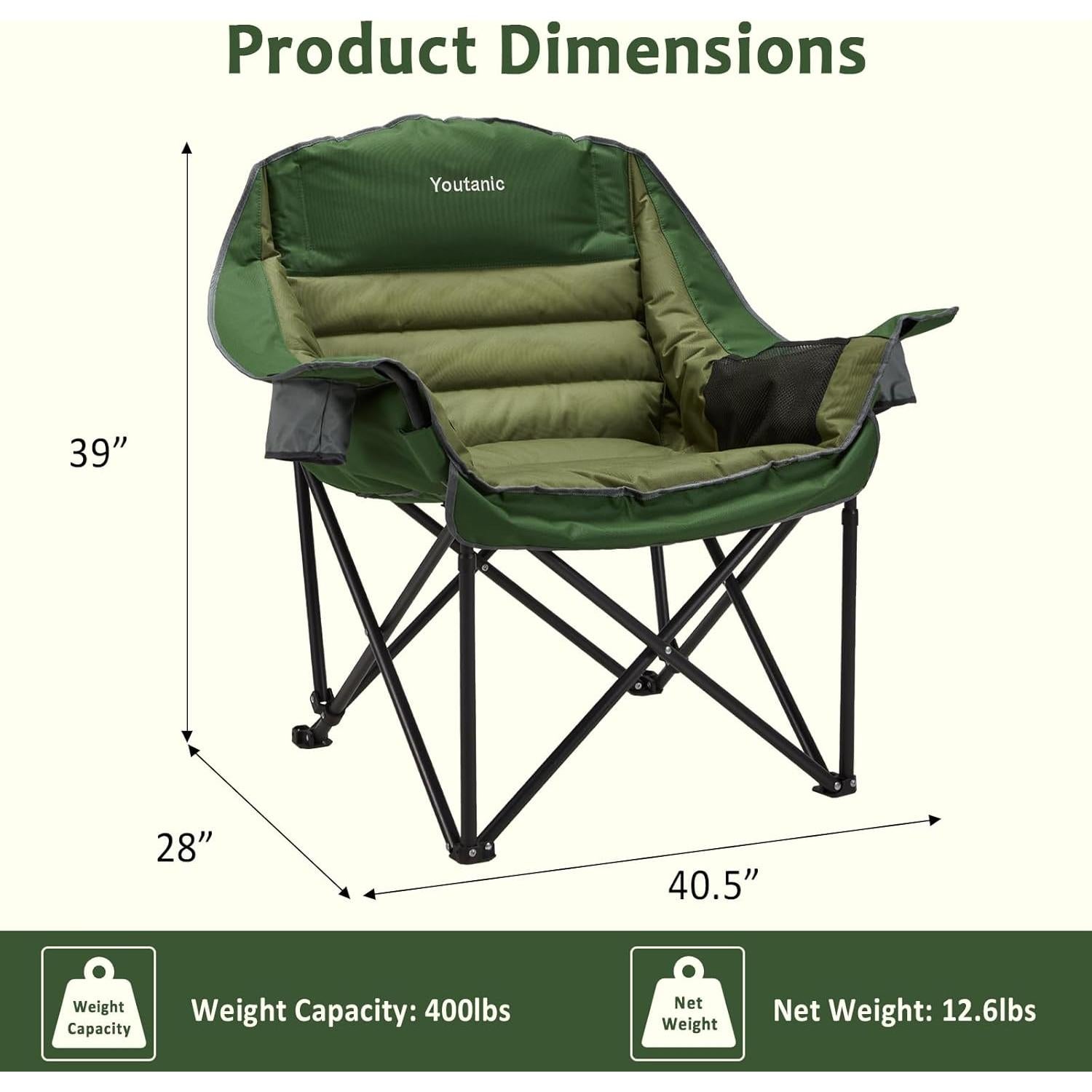 Silla de Camping Youtanic Plegable Verde 400 lbs Ergonómica