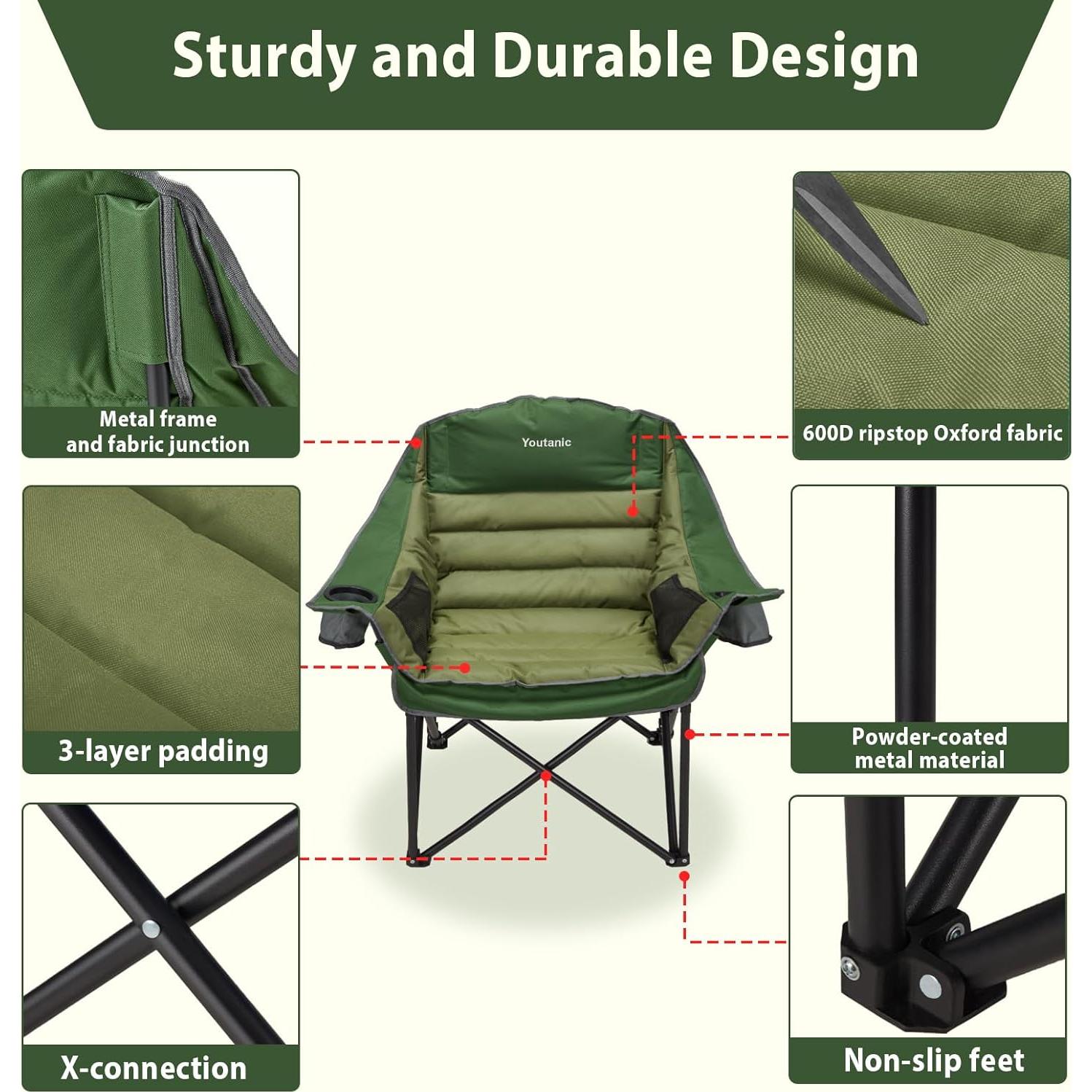 Silla de Camping Youtanic Plegable Verde 400 lbs Ergonómica