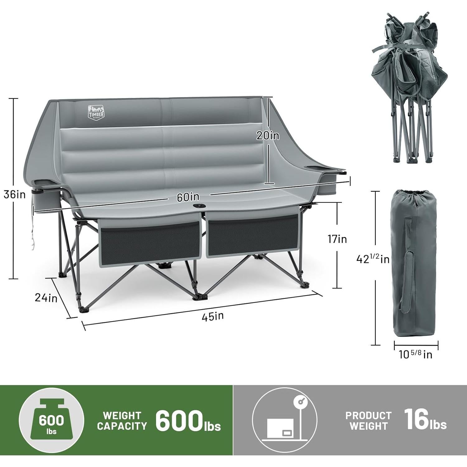 Silla de Camping Doble TIMBER RIDGE Acolchada 272 kg