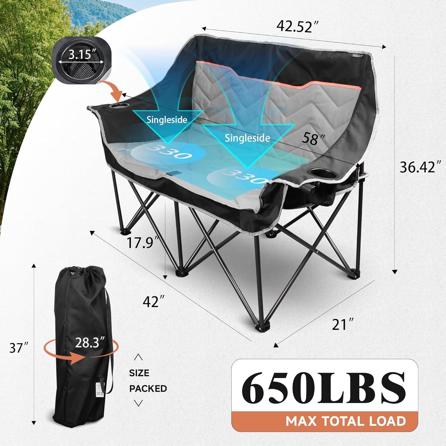 Silla de Camping Doble VAGANTH Plegable con Portavasos