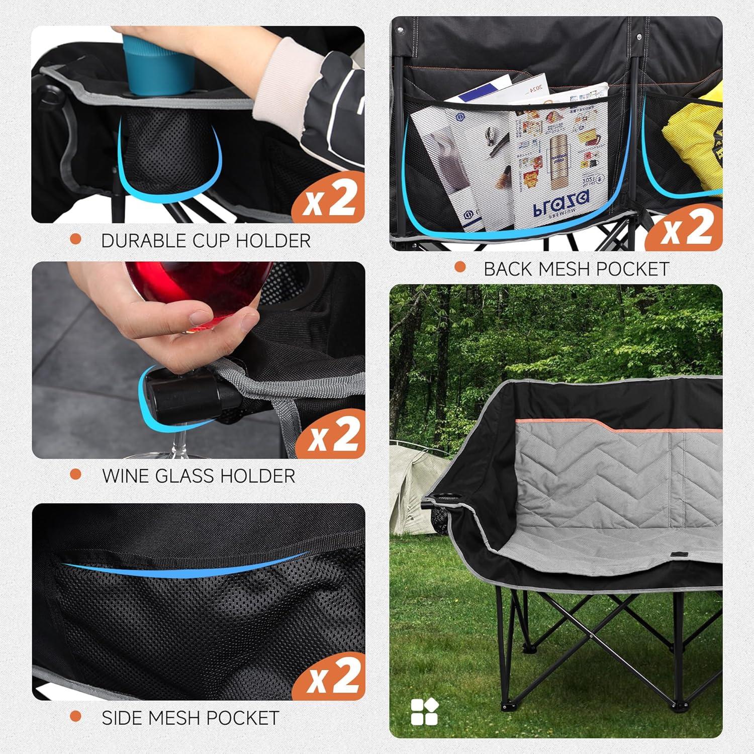 Silla de Camping Doble VAGANTH Plegable con Portavasos