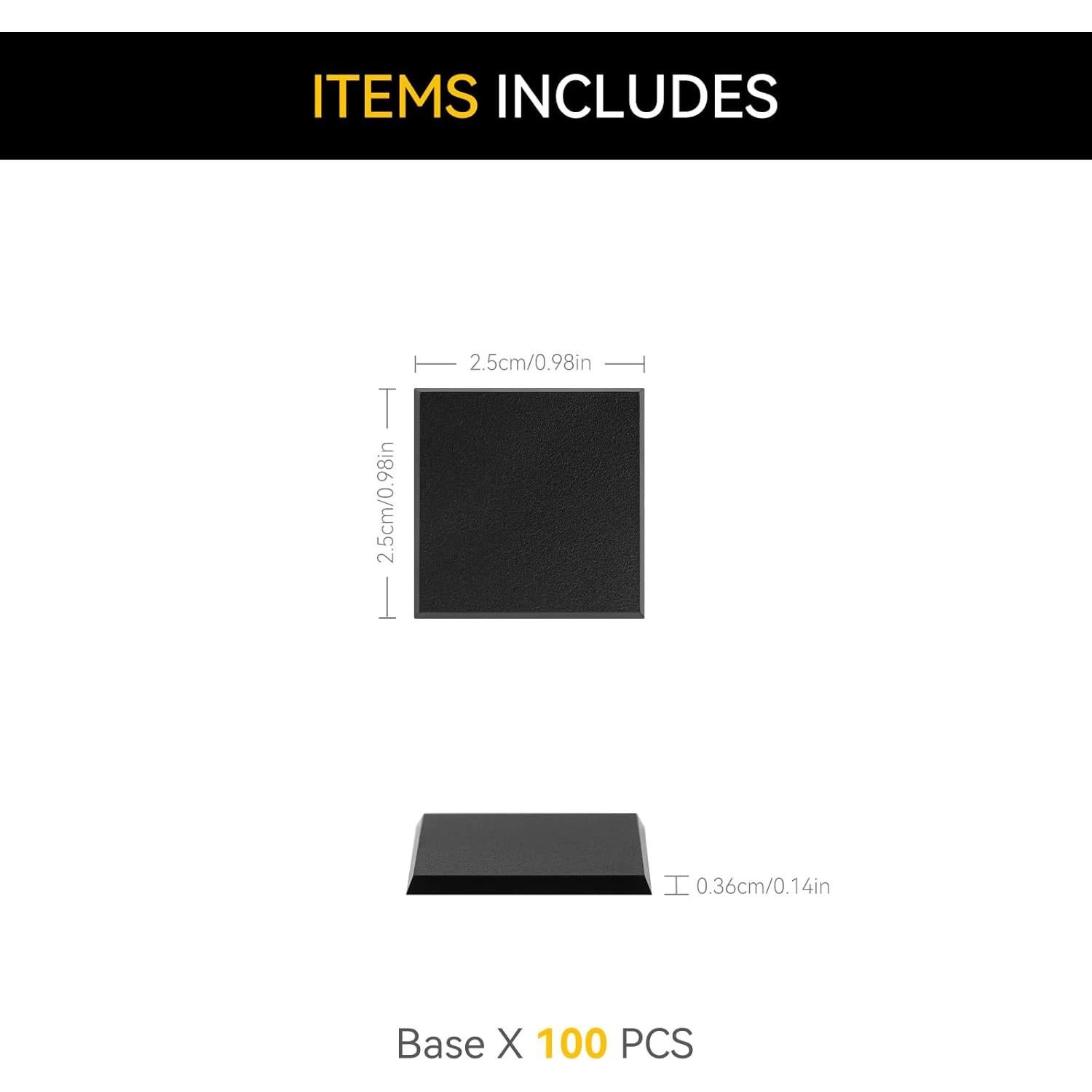 100 Bases Miniatura Cuadradas Negras 25mm FIGURESLAB para Juegos