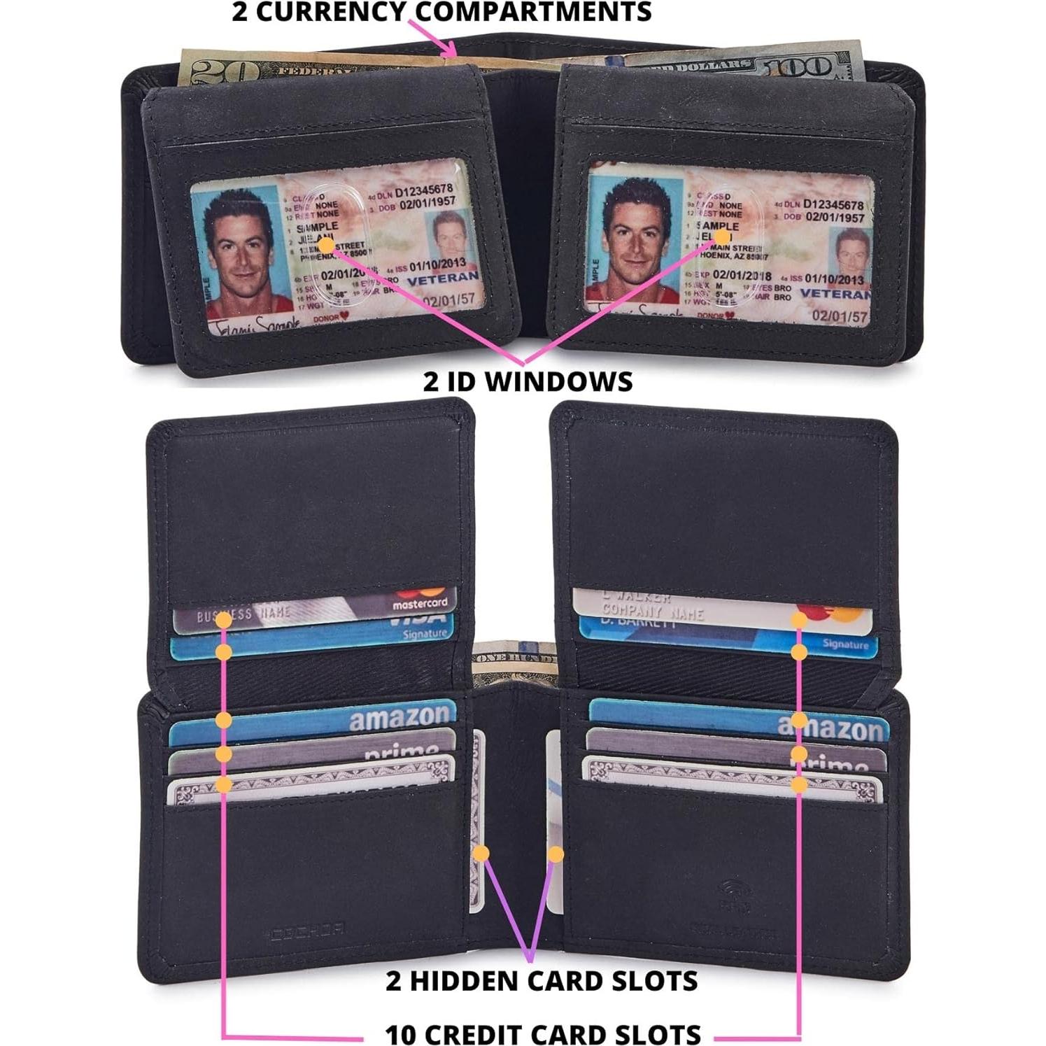 Cartera Bifold Hombre Cuero Caballo Loco Negro RFID 14 Tarjetas