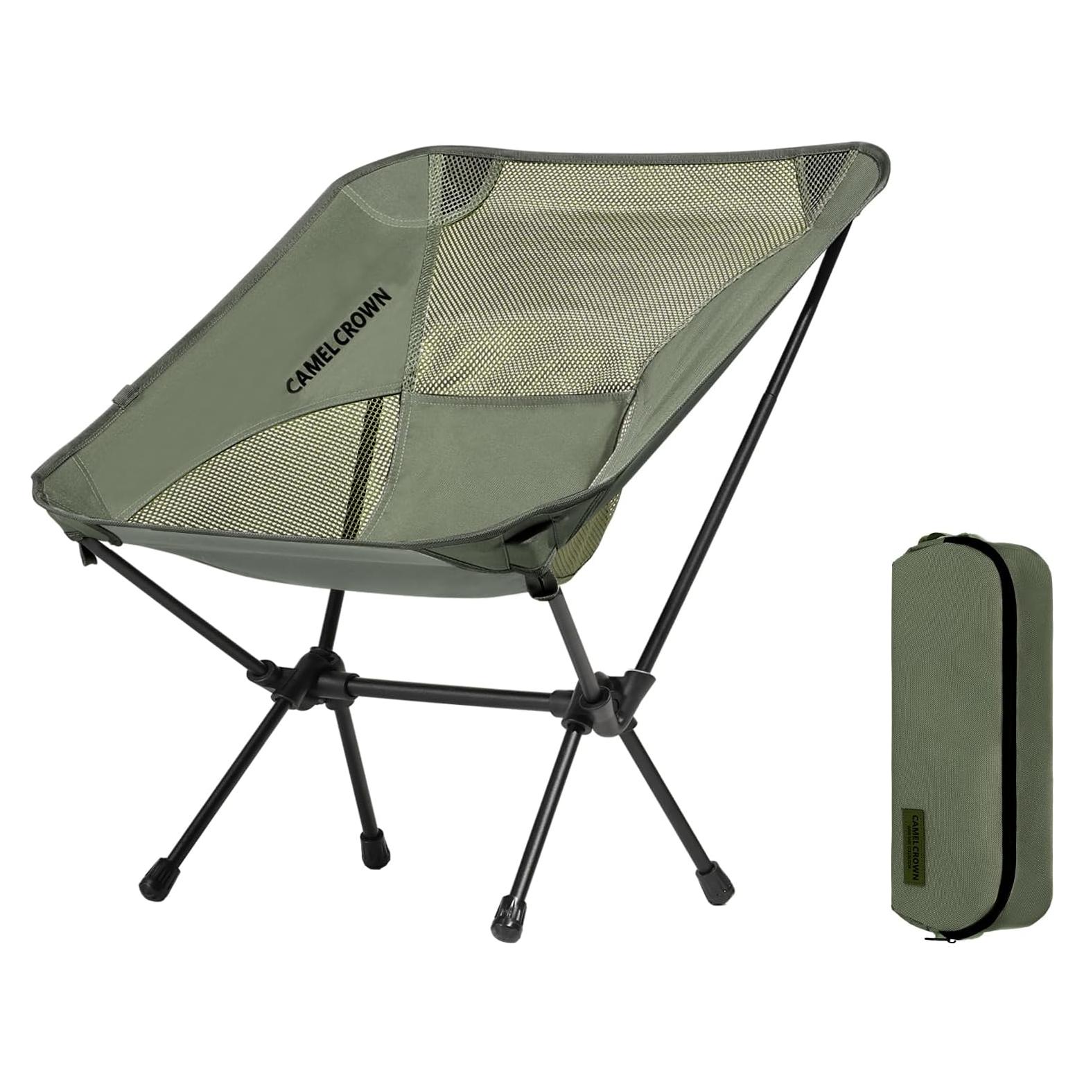 CAMEL CROWN Portable Camping Chair Lightweight Compact Folding Chair Mesh for Outdoor Camp Travel Beach Picnic Festival Hiking Backpacking Army Green