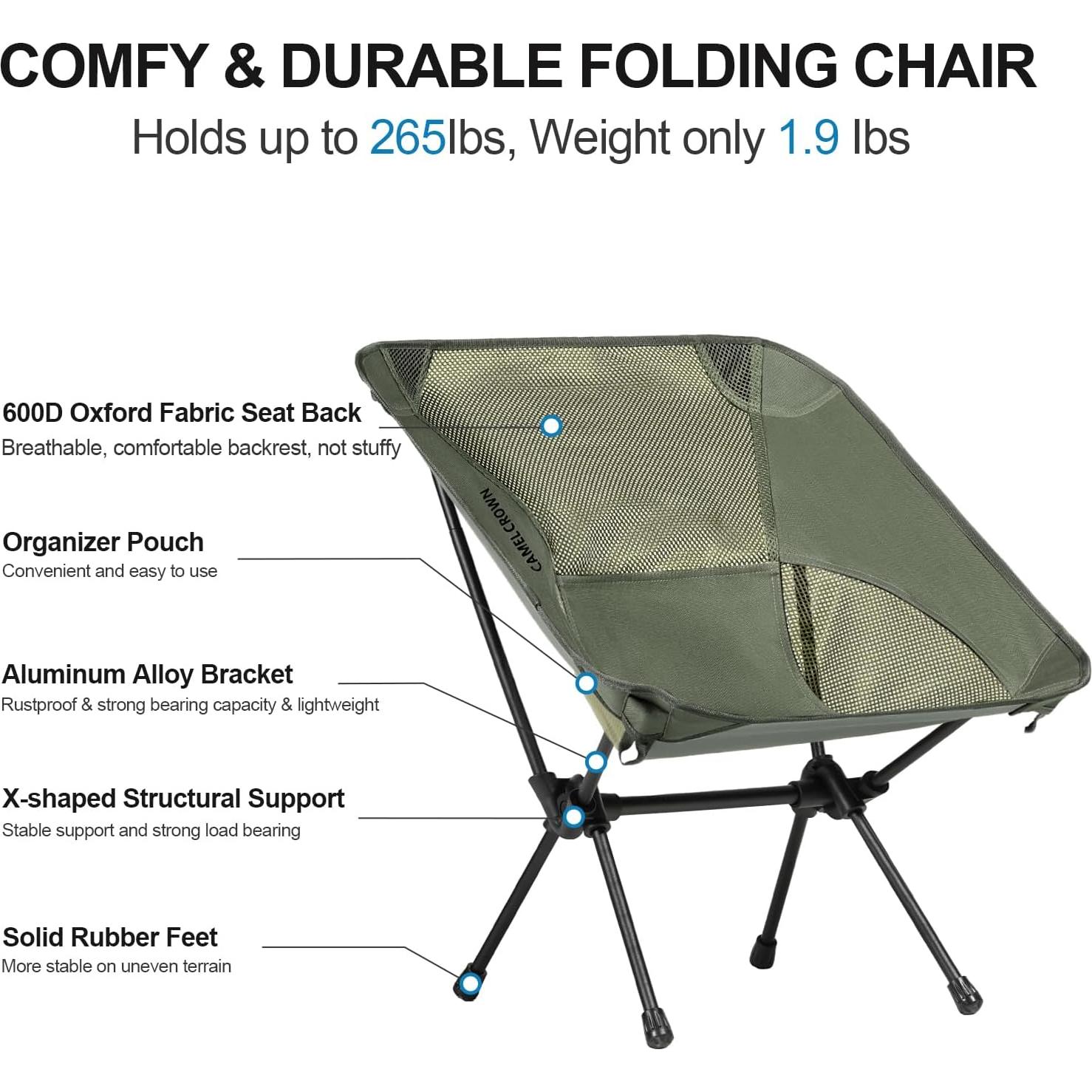CAMEL CROWN Portable Camping Chair Lightweight Compact Folding Chair Mesh for Outdoor Camp Travel Beach Picnic Festival Hiking Backpacking Army Green