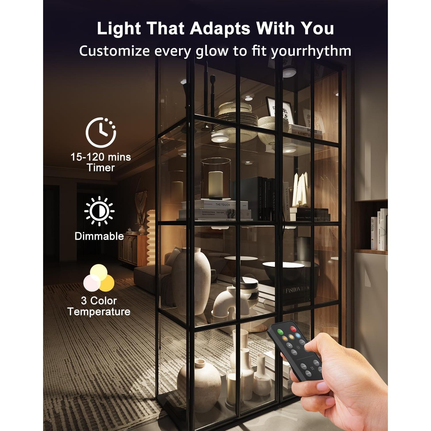 USB Rechargeable LED Puck Lights with Remote Control, 2400mAh Battery Operated Push Lights Stick On Magnetic Closet Tap Light Wireless Kitchen Under Cabinet Touch Lighting Shelf Press Button Light