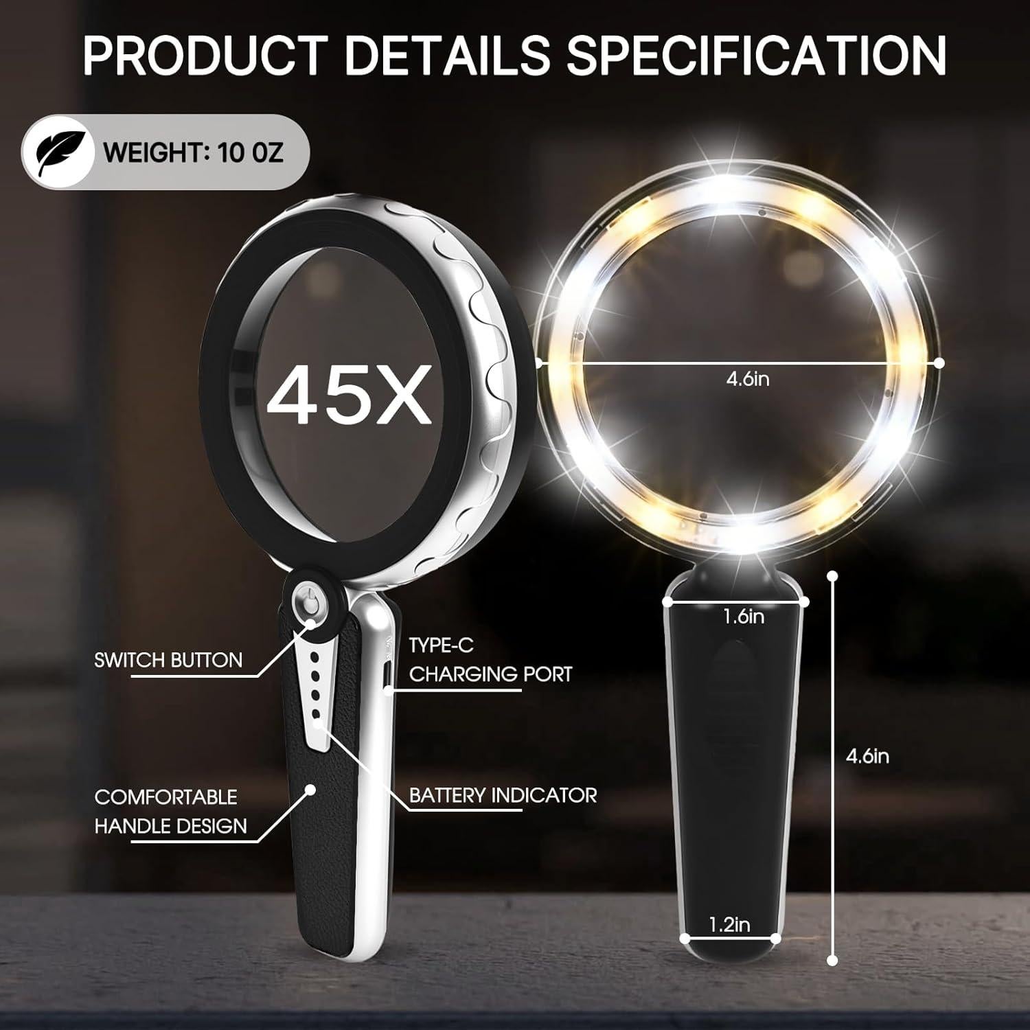 Lupa de Mano Huiboer 45X con Luz LED y Batería 1200mAh