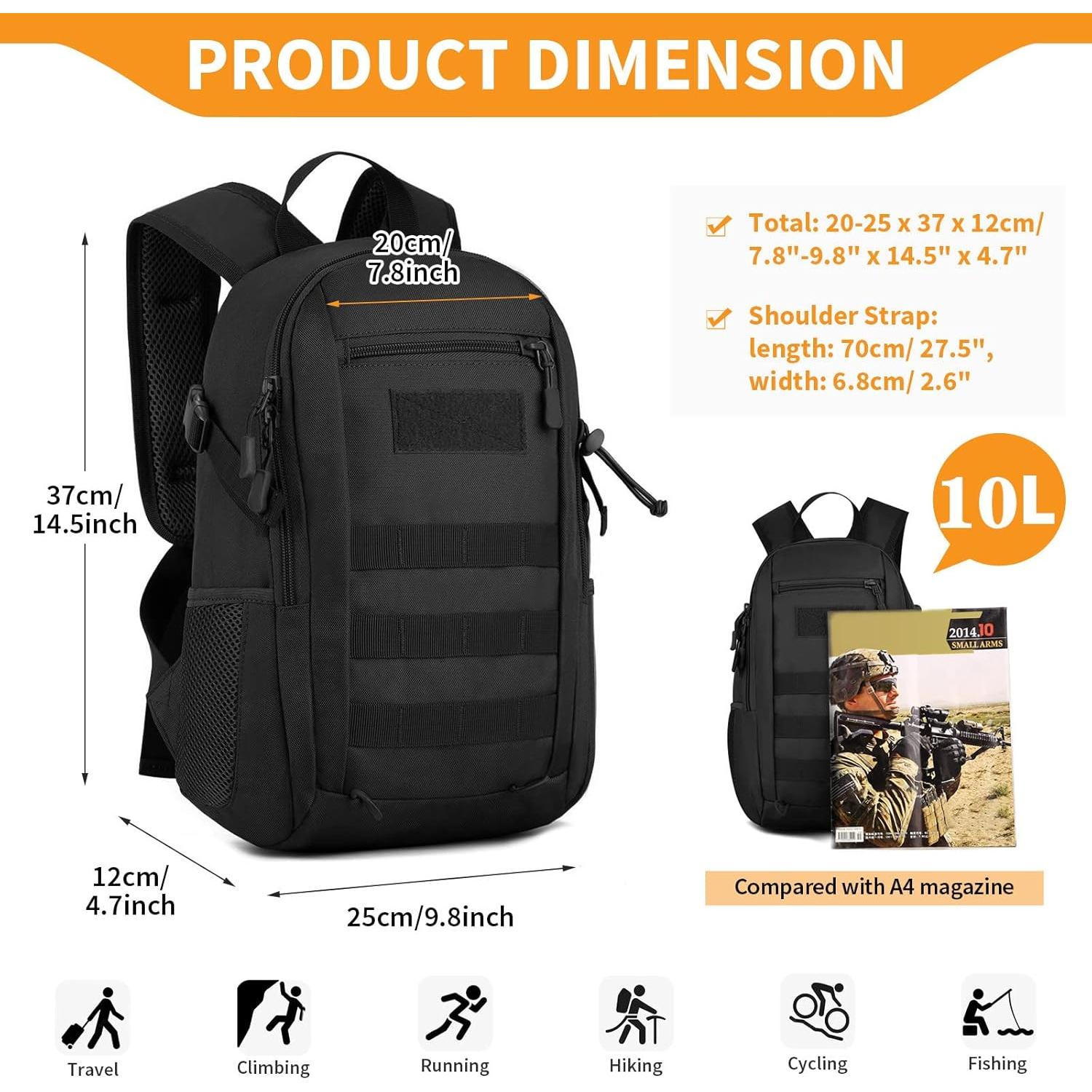 Mochila Táctica Huntvp 10L Negra MOLLE para Senderismo