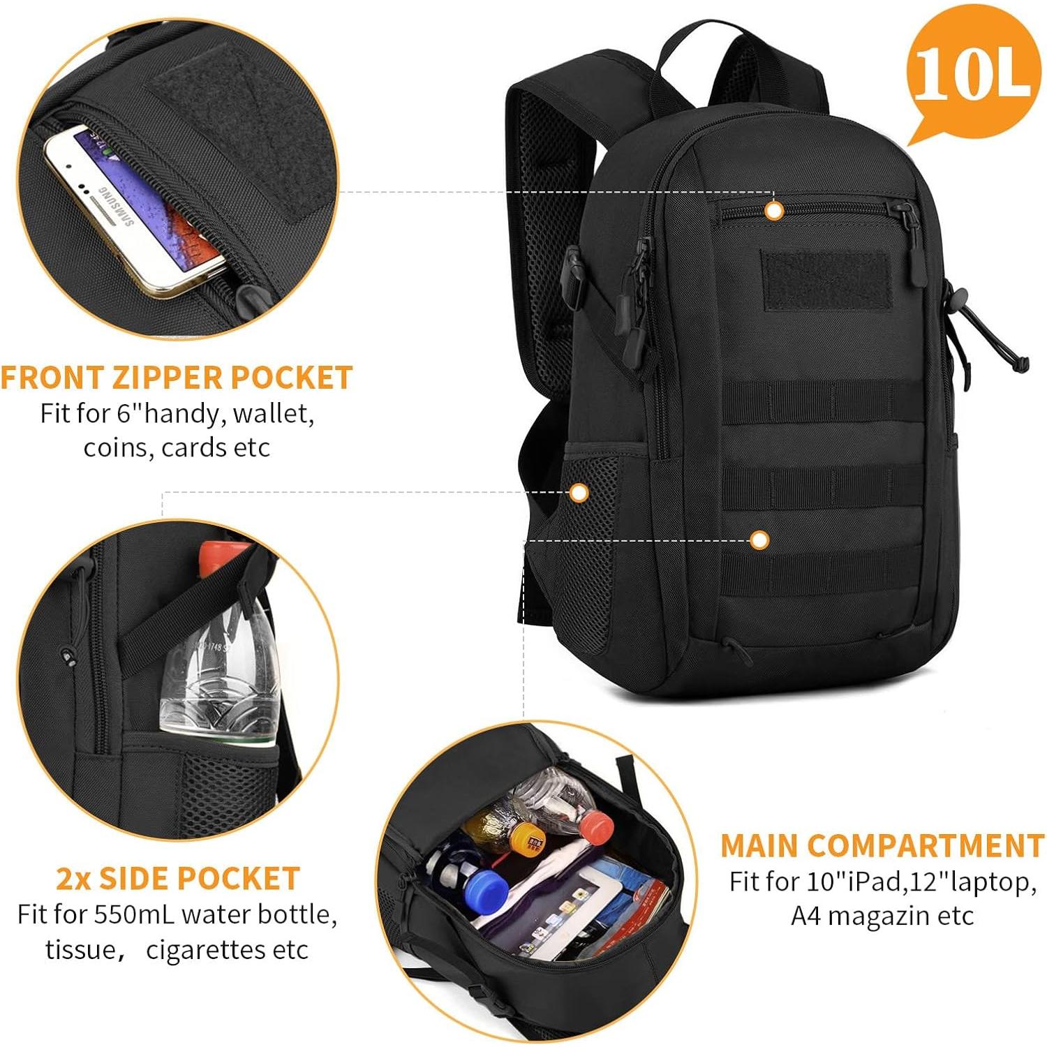 Mochila Táctica Huntvp 10L Negra MOLLE para Senderismo