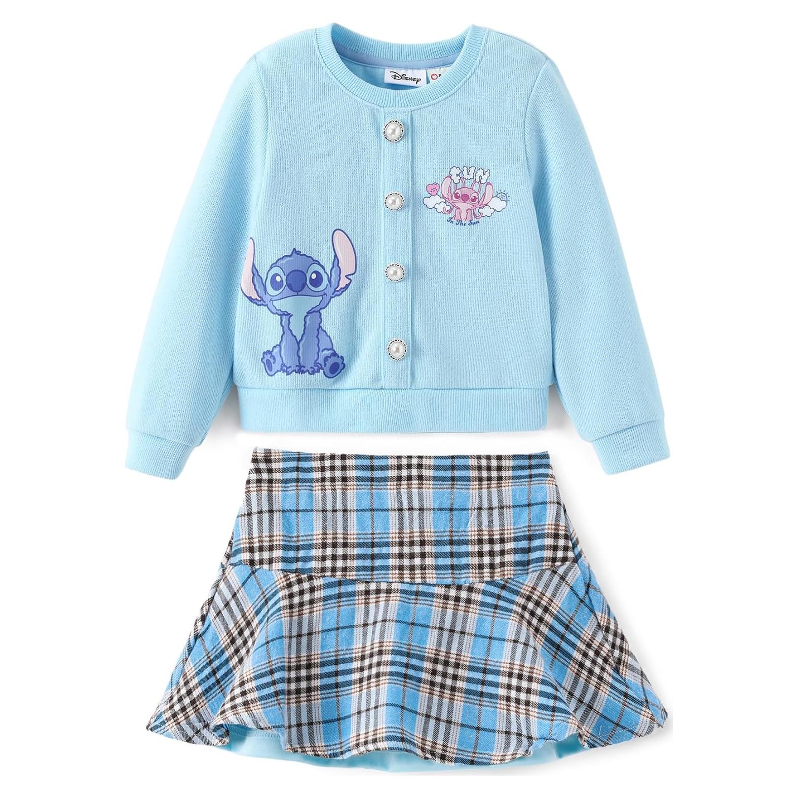 Disney Frozen Elsa Stitch Princess Moana Minnie Toddler Girl 2 Piece Outfit Kid Pearl Button Knit Top & Tweed Skirt Set 2-13Y