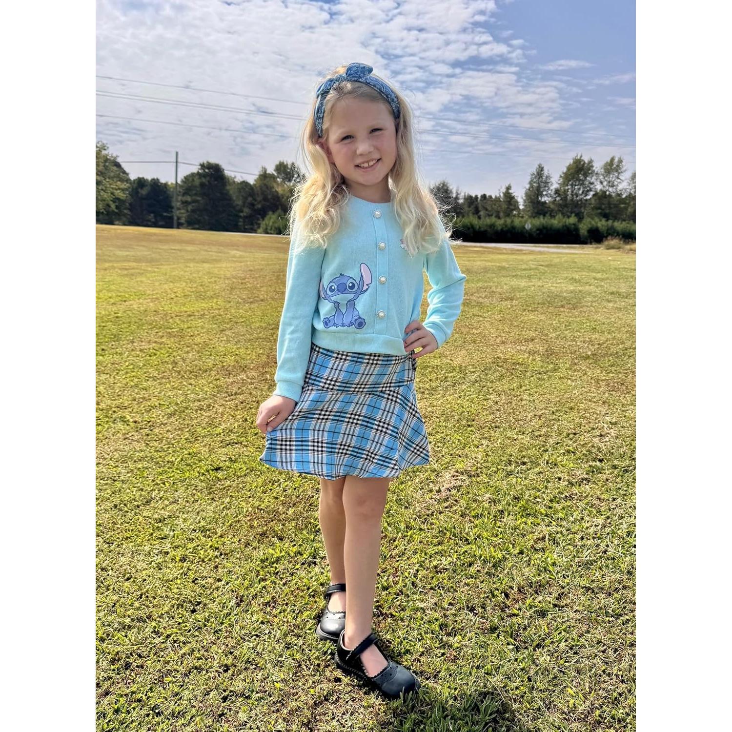 Disney Frozen Elsa Stitch Princess Moana Minnie Toddler Girl 2 Piece Outfit Kid Pearl Button Knit Top & Tweed Skirt Set 2-13Y