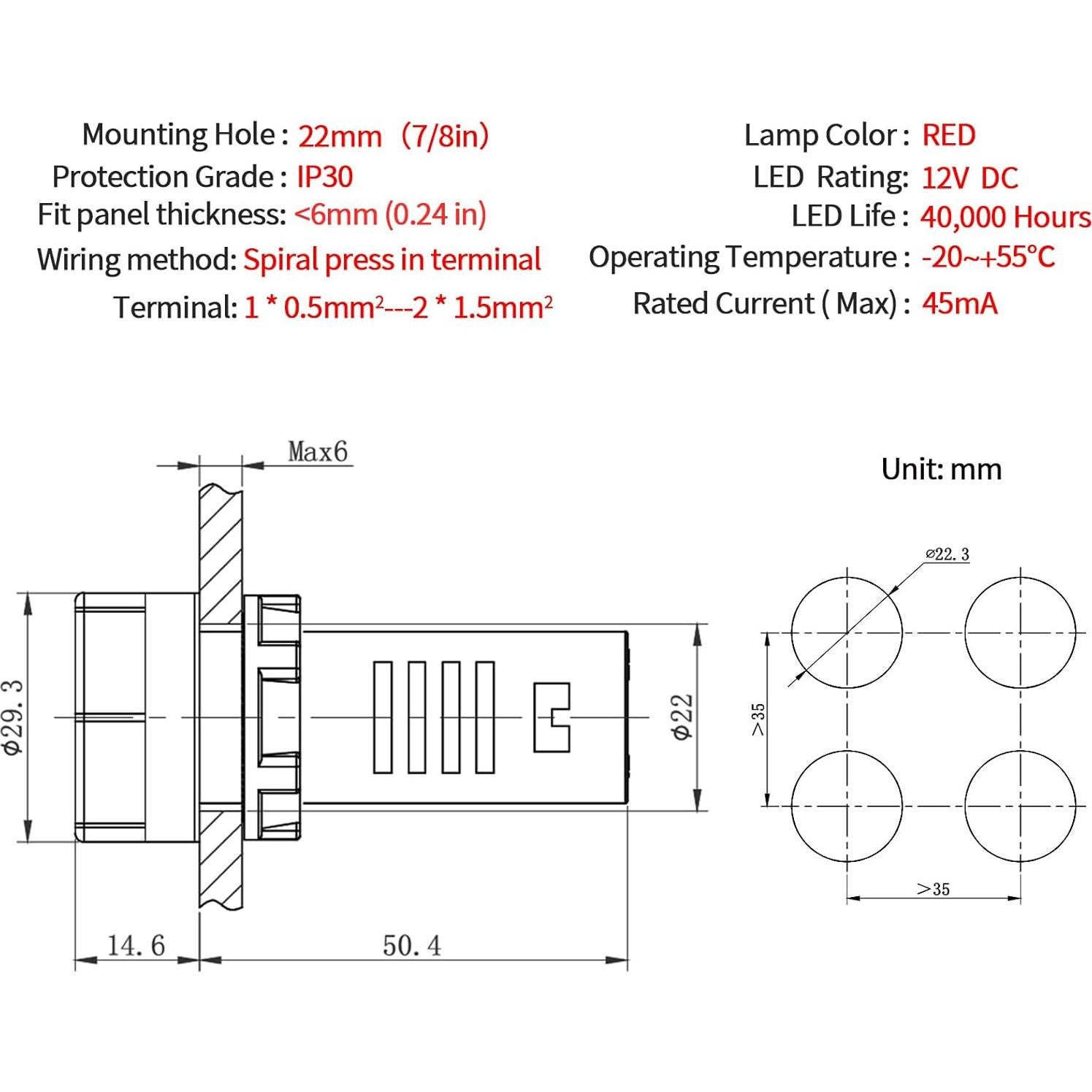 Zumbador Piezo 12V CC/CA LED Rojo 22mm ZJWZJH 2Pcs