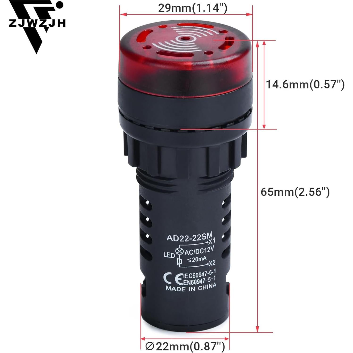 Zumbador Piezo 12V CC/CA LED Rojo 22mm ZJWZJH 2Pcs