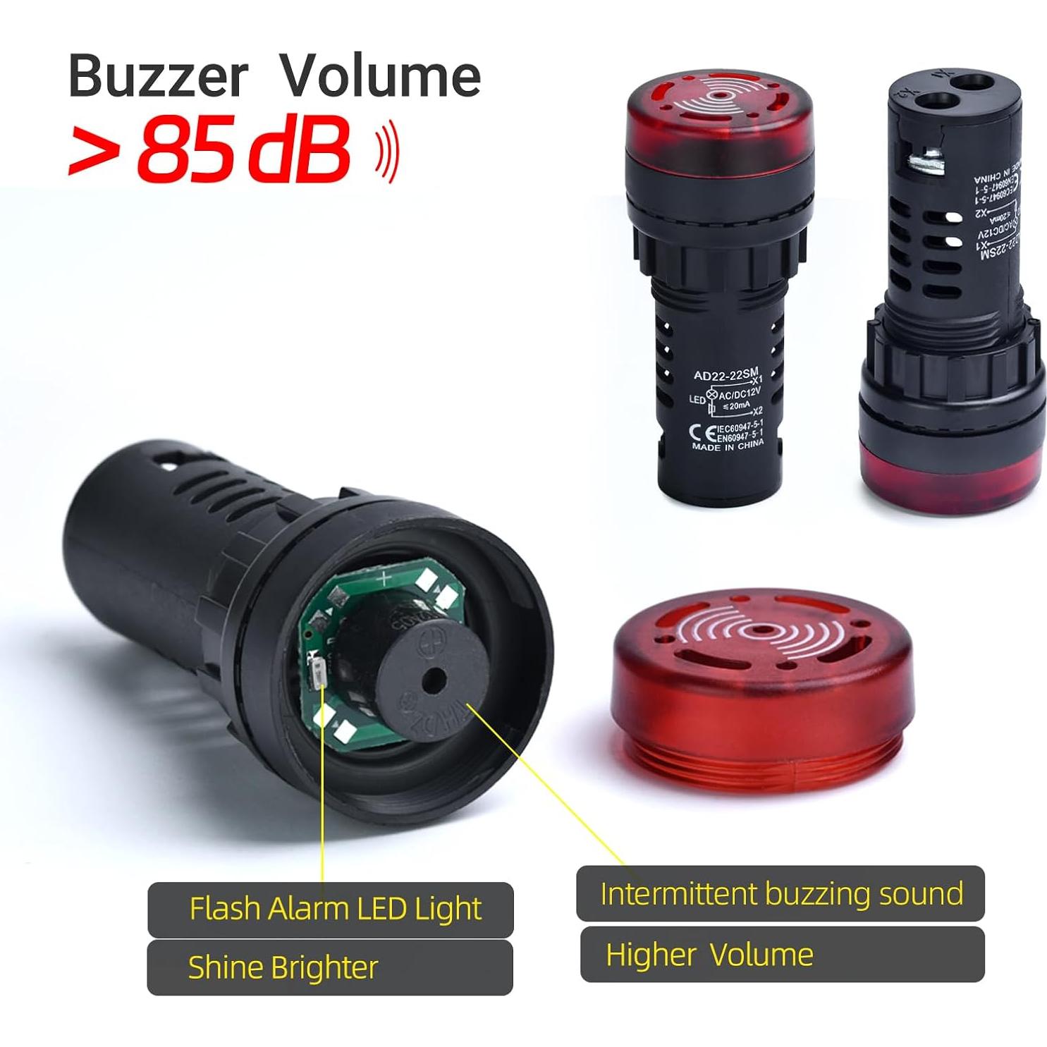 Zumbador Piezo 12V CC/CA LED Rojo 22mm ZJWZJH 2Pcs