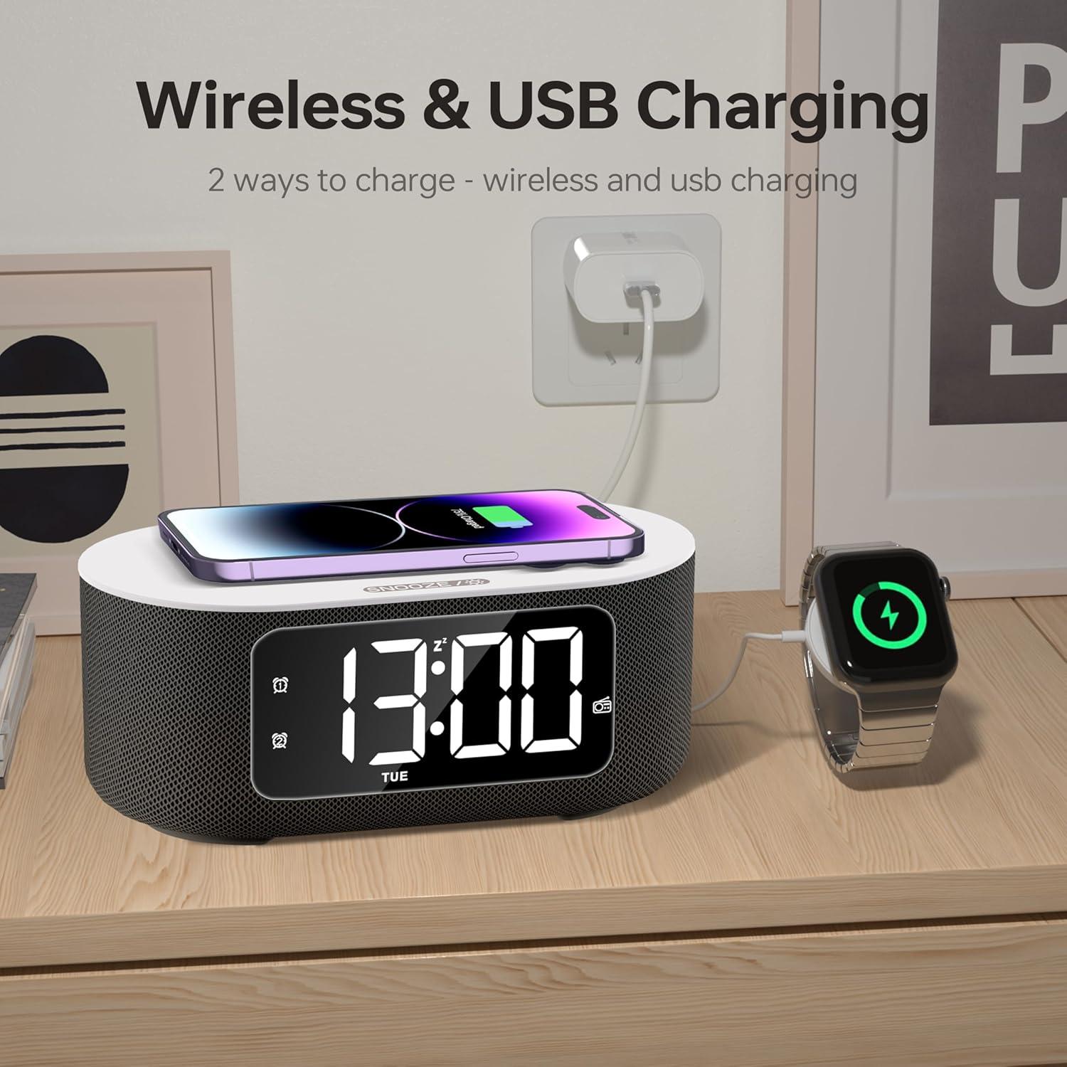 Reloj Despertador JALL Negro con Bluetooth, Carga Inalámbrica y FM