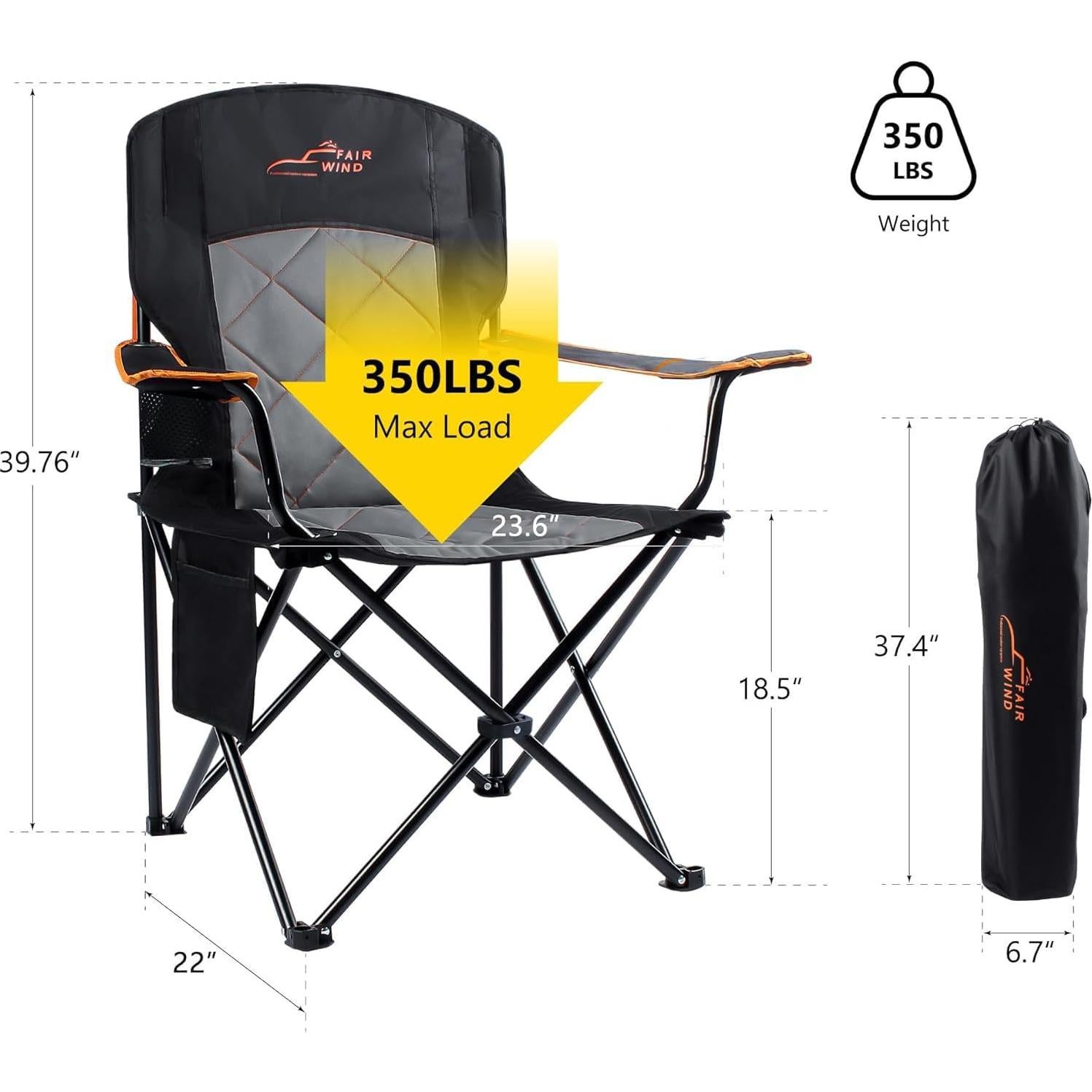 Silla de Camping FAIR WIND Acolchada Soporta 158 kg Negra