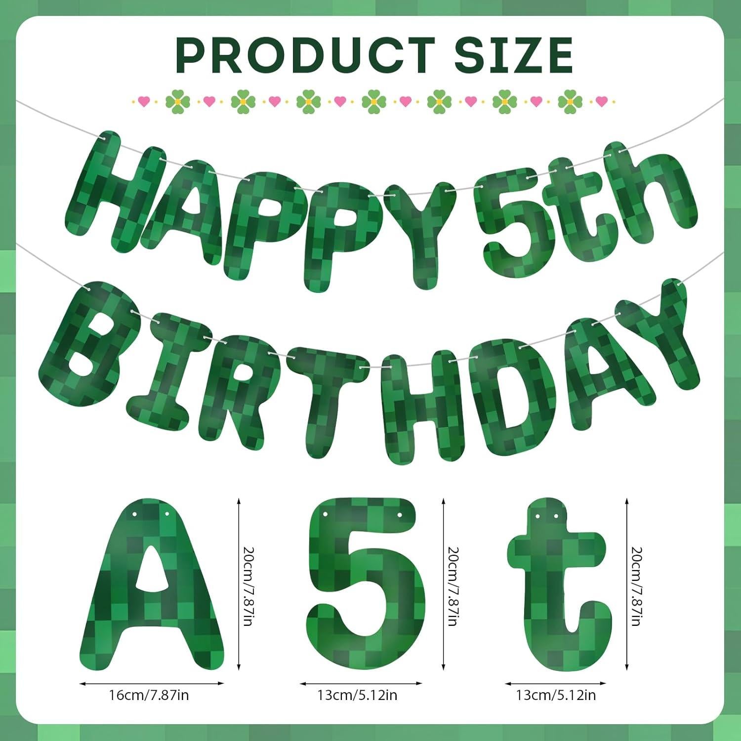 Banner de Cumpleaños Minero Pixel Verde LACEVINE Pre-ensartado