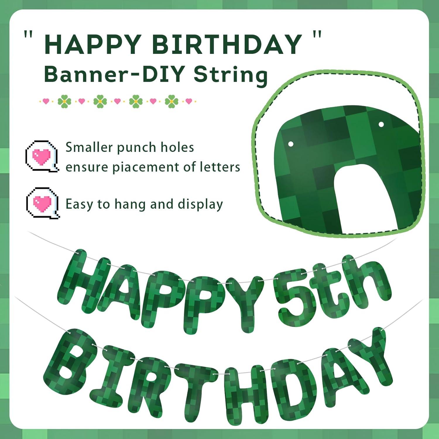 Banner de Cumpleaños Minero Pixel Verde LACEVINE Pre-ensartado