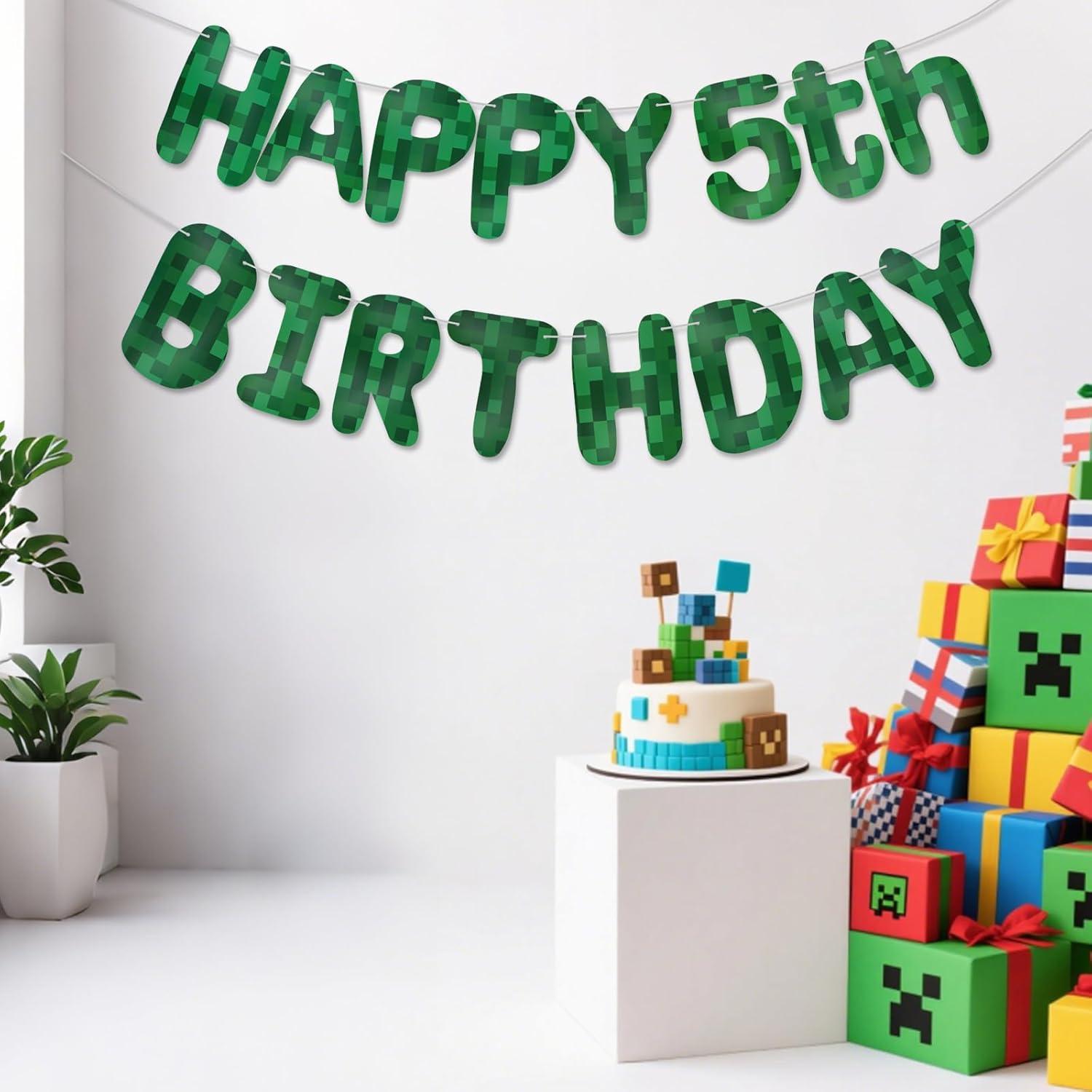 Banner de Cumpleaños Minero Pixel Verde LACEVINE Pre-ensartado