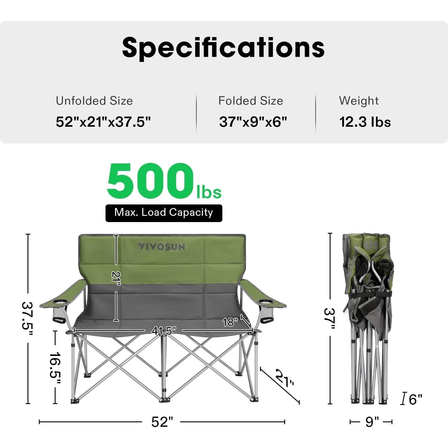 Silla de Camping Doble VIVOSUN DCC-003 Acolchada Verde-Gris