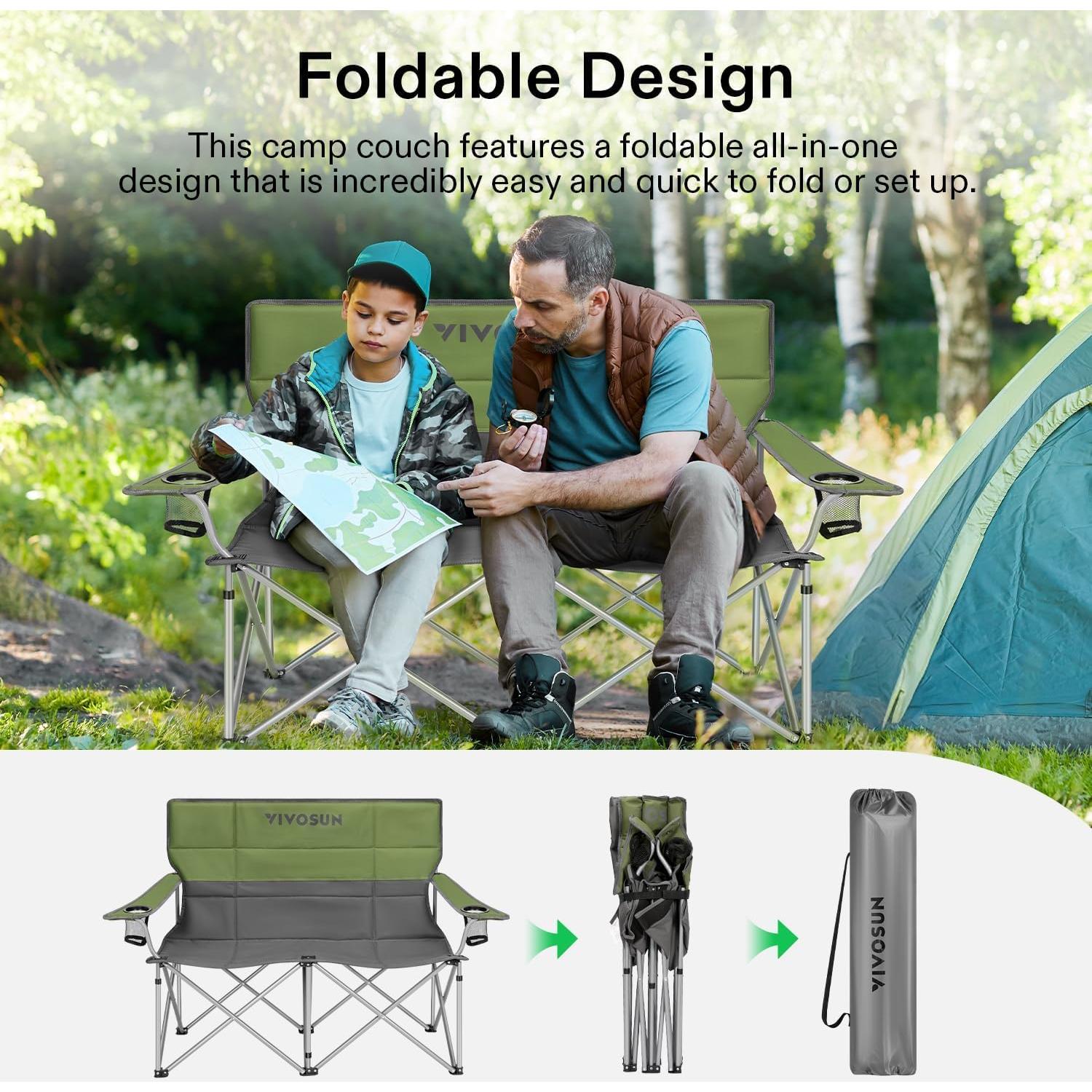 Silla de Camping Doble VIVOSUN DCC-003 Acolchada Verde-Gris