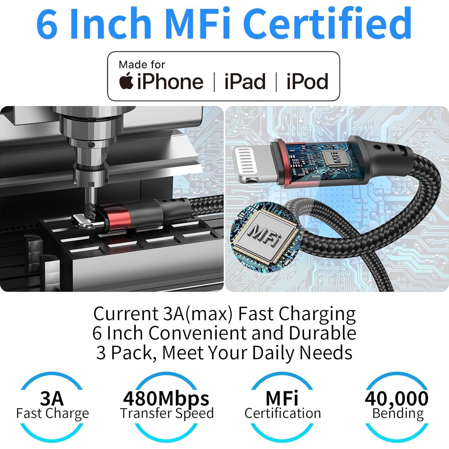 Cable USB C a Lightning 15 cm Bkduice - Paquete de 3 Cables MFi