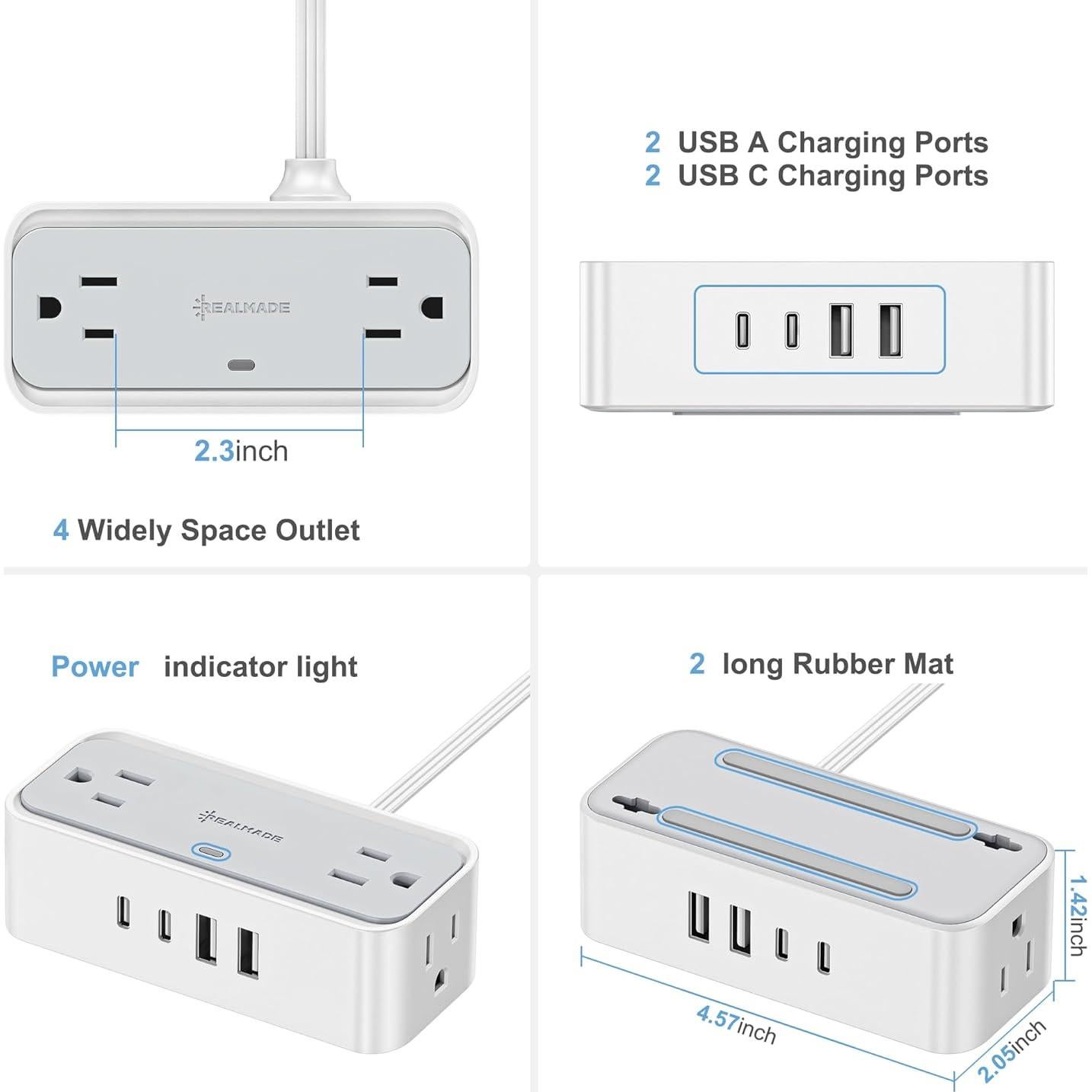 Regleta de Protección Sobretensión REALMADE 4 AC 4 USB 1.52m
